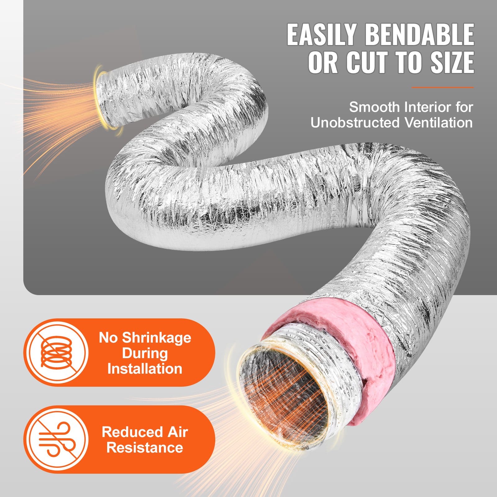 VEVOR 127mm Insulated Dryer Vent Hose, 7.62m Flexible Duct with Clamps, 3-Layer R-6.0 Fire-Resistant HVAC Exhaust Pipe - Зображення 4
