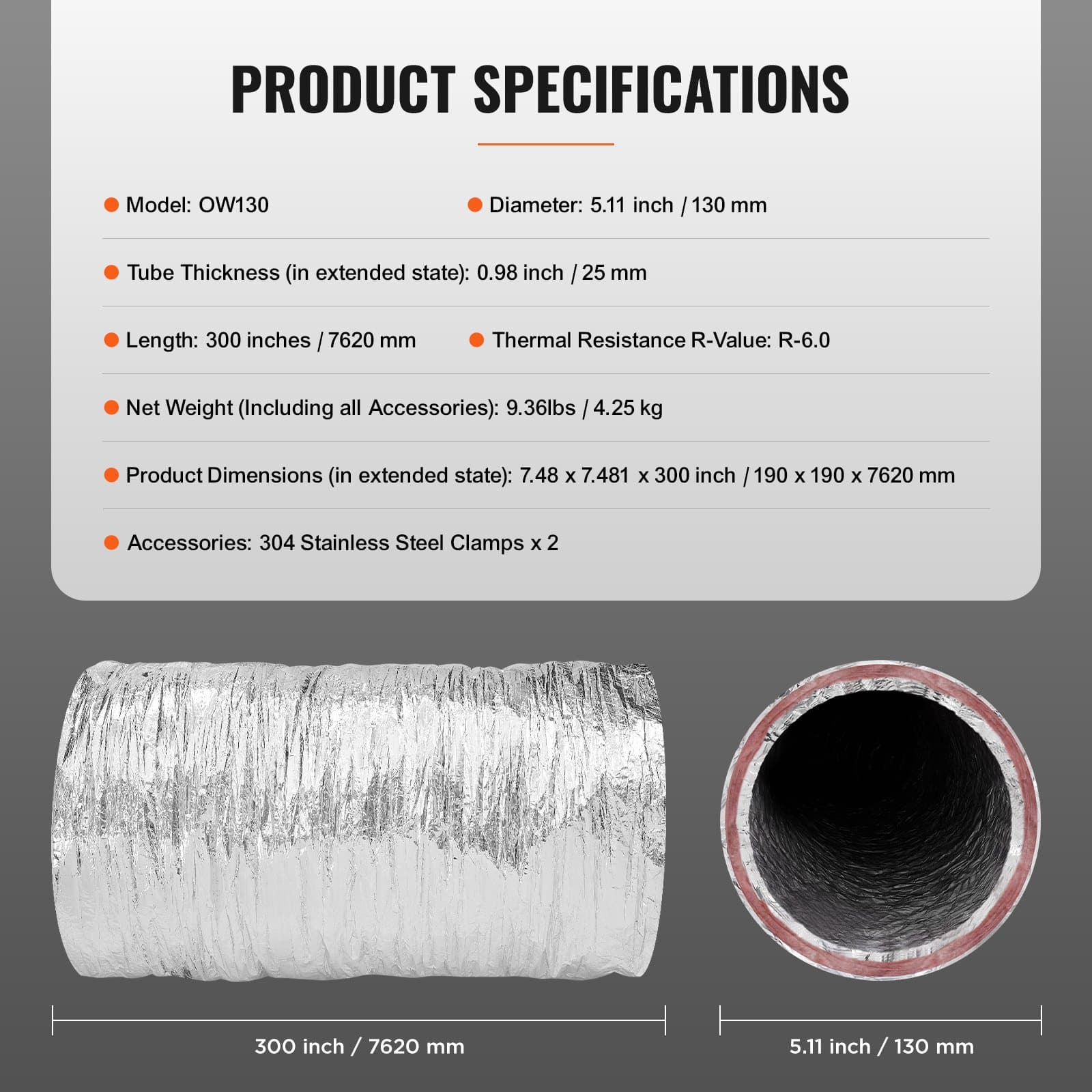 VEVOR 127mm Insulated Dryer Vent Hose, 7.62m Flexible Duct with Clamps, 3-Layer R-6.0 Fire-Resistant HVAC Exhaust Pipe - Зображення 7