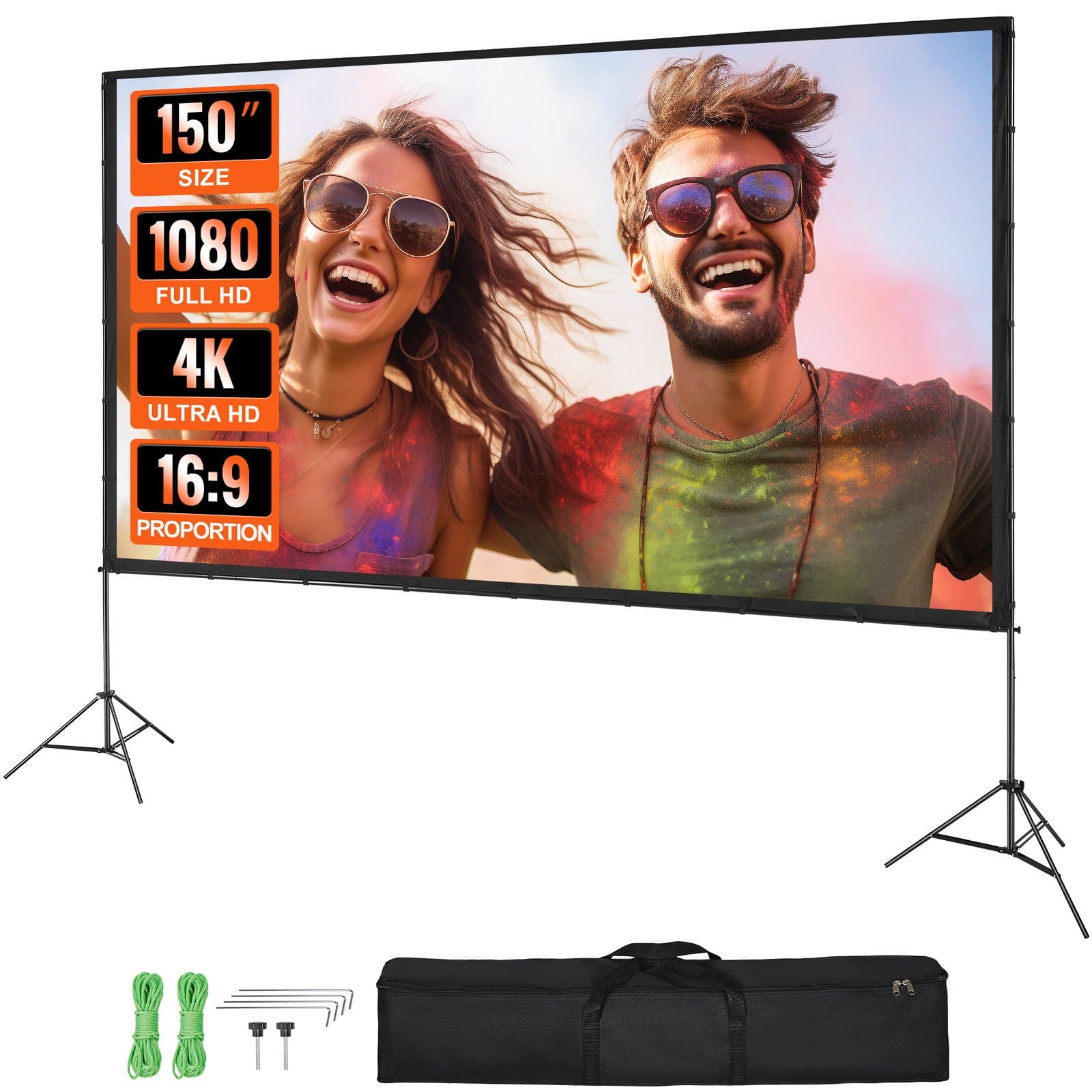 VEVOR 150-Inch 4K HD Outdoor Projector Screen with Stand, 16:9, Wrinkle-Free, Foldable with Tripods & Carry Bag