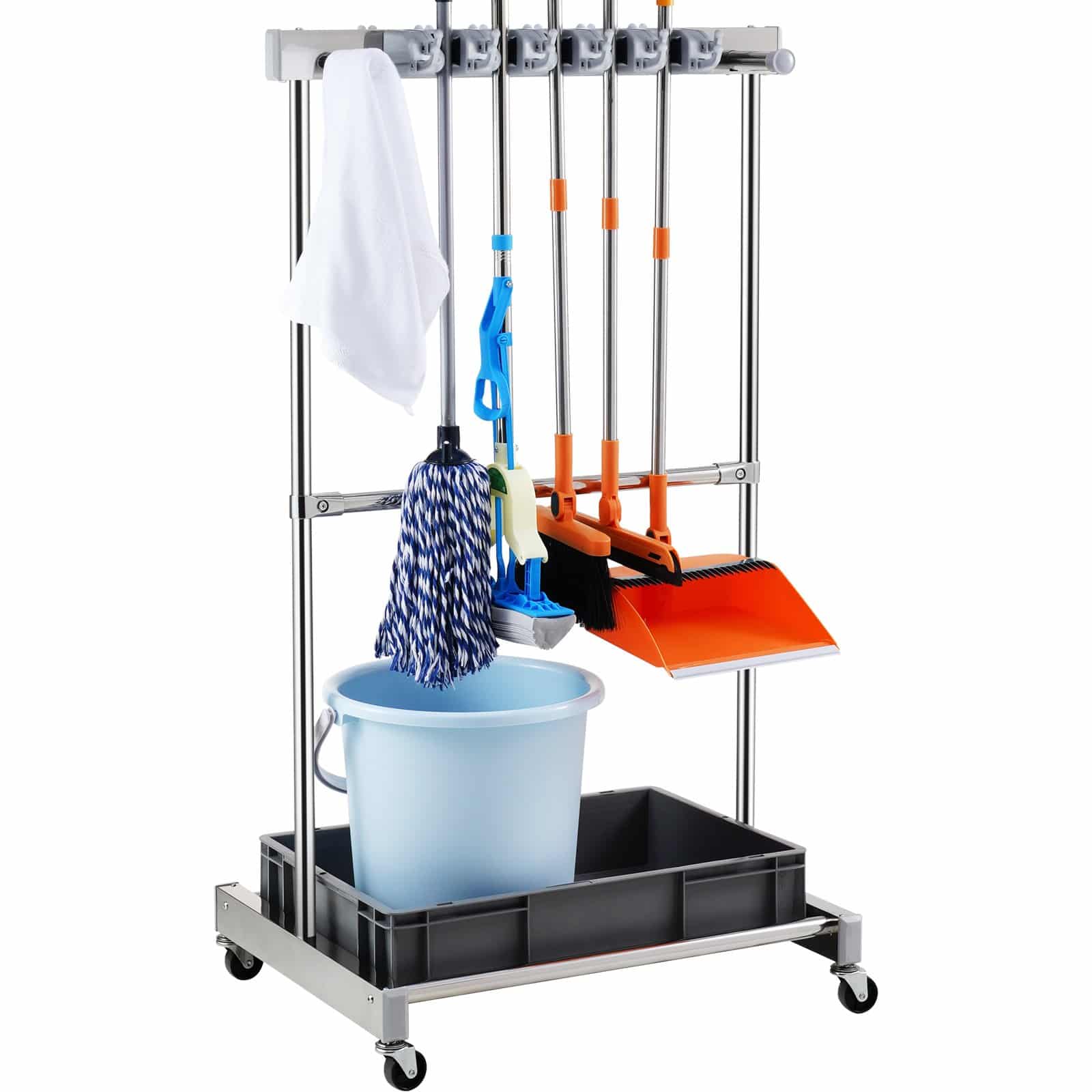 VEVOR Garden Tool Organizer with Wheels, 10 Slots & 24 Hooks, Metal Tower Rack for Long-Handled Tools, Garage & Shed Storage