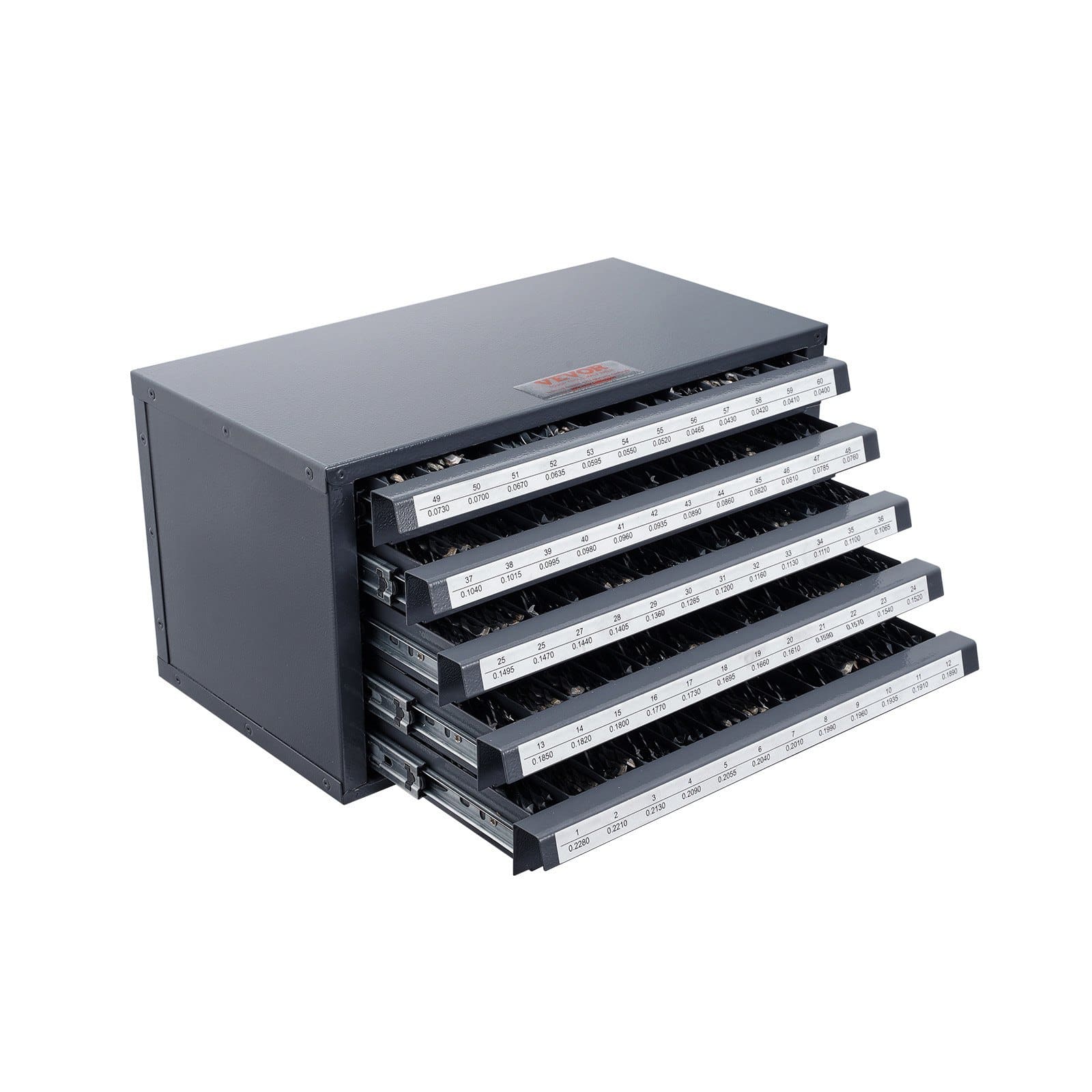 VEVOR Steel Drill Bit Organizer Cabinet with 5 Drawers, 60 Slots for Sizes #1–#60, Stackable & Labeled Storage System