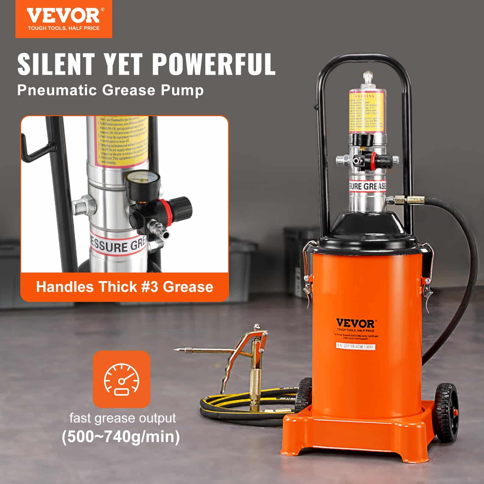 VEVOR 12L Pneumatic Grease Pump with 13 ft Hose & Gun, Portable Air-Operated Lubrication Pump, 50:1 Ratio, Steel Barrel, on Wheels — изображение 2