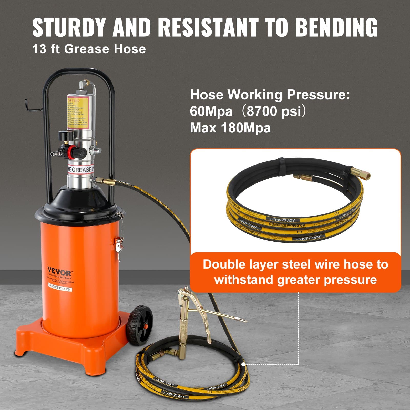 VEVOR 12L Pneumatic Grease Pump with 13 ft Hose & Gun, Portable Air-Operated Lubrication Pump, 50:1 Ratio, Steel Barrel, on Wheels — изображение 4