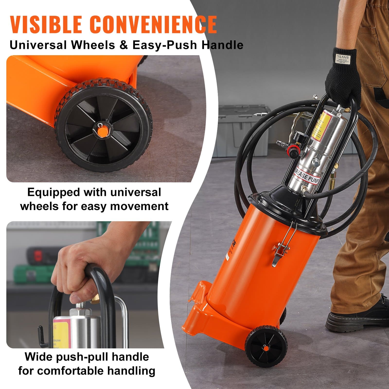 VEVOR 12L Pneumatic Grease Pump with 13 ft Hose & Gun, Portable Air-Operated Lubrication Pump, 50:1 Ratio, Steel Barrel, on Wheels — изображение 6
