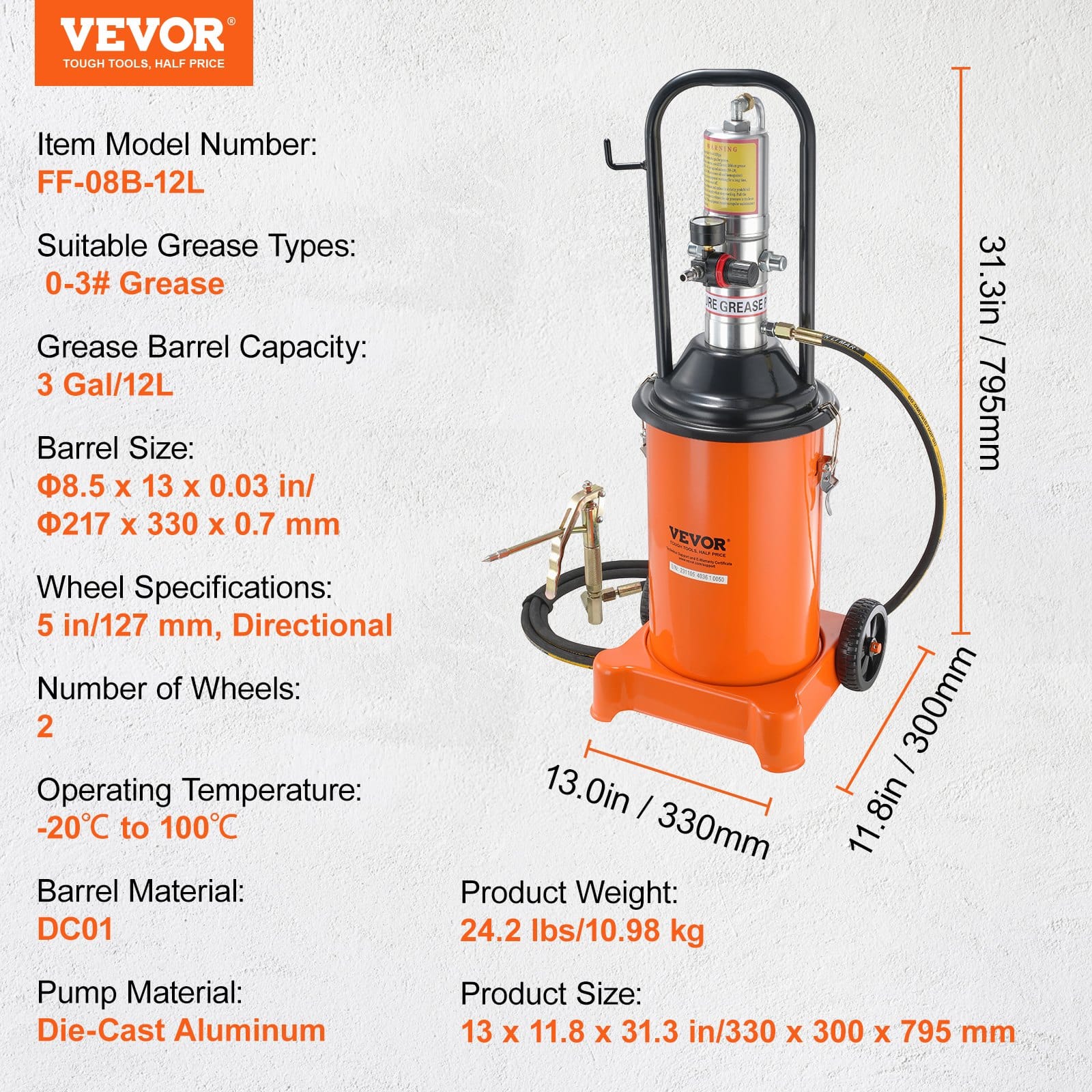 VEVOR 12L Pneumatic Grease Pump with 13 ft Hose & Gun, Portable Air-Operated Lubrication Pump, 50:1 Ratio, Steel Barrel, on Wheels — изображение 7
