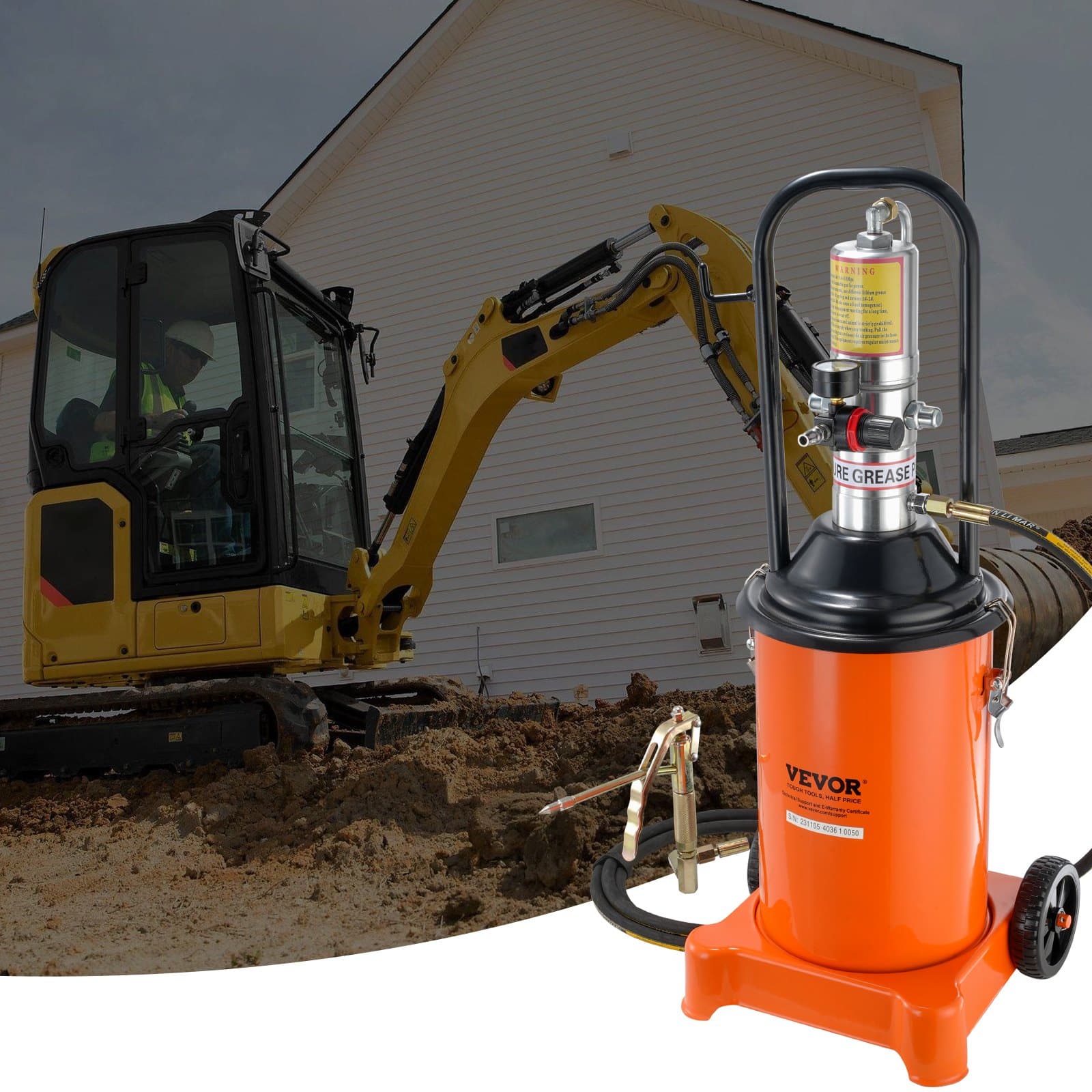VEVOR 12L Pneumatic Grease Pump with 13 ft Hose & Gun, Portable Air-Operated Lubrication Pump, 50:1 Ratio, Steel Barrel, on Wheels — изображение 8