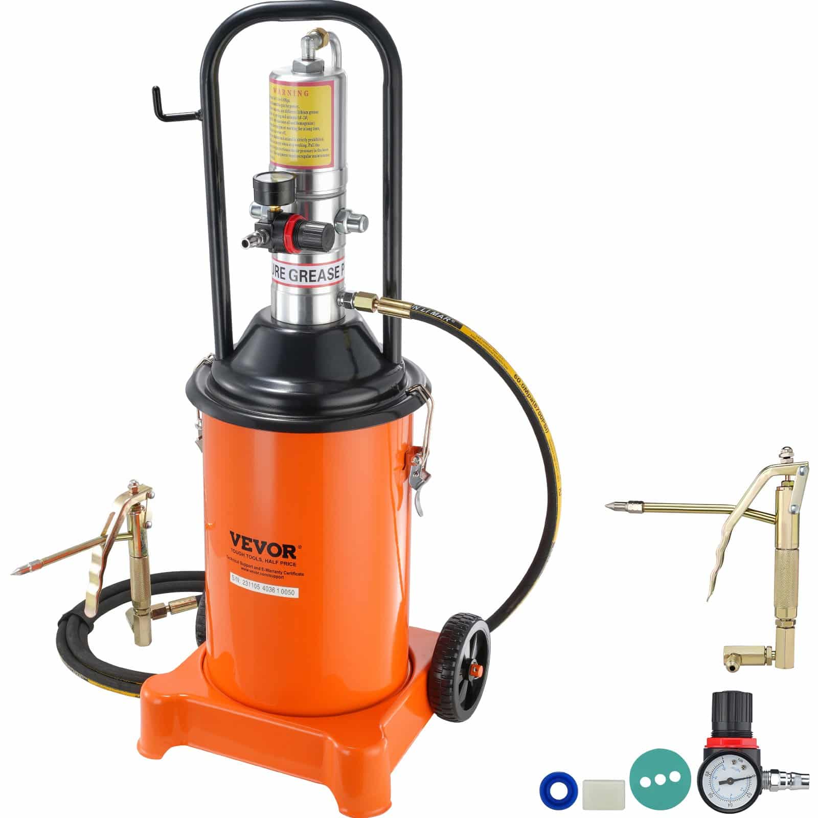 VEVOR 12L Pneumatic Grease Pump with 13 ft Hose & Gun, Portable Air-Operated Lubrication Pump, 50:1 Ratio, Steel Barrel, on Wheels — изображение 9