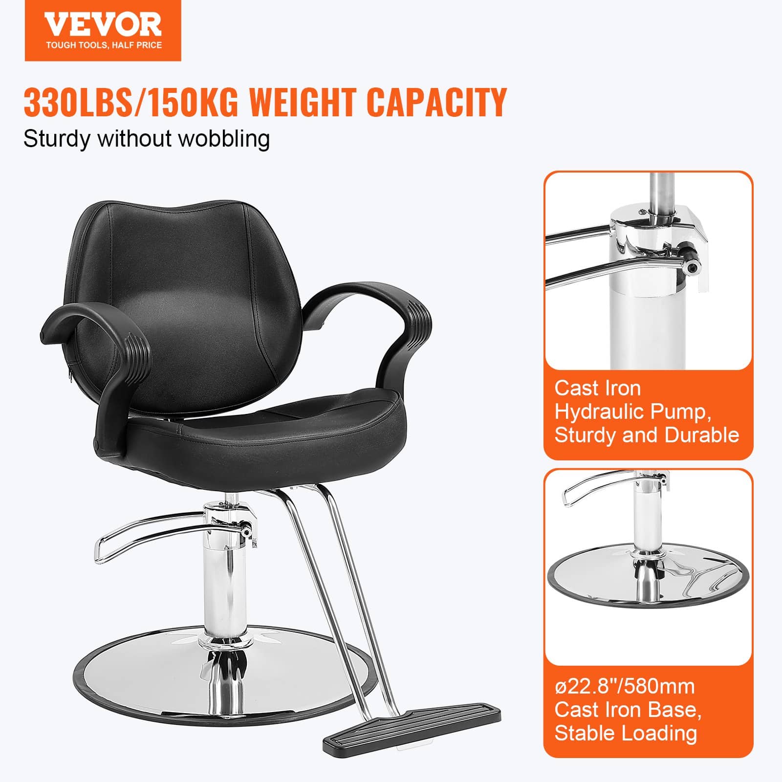 VEVOR Black Salon Chair with Hydraulic Pump, 360° Swivel, Footrest, PU Leather, Max Load 150 kg for Hair Stylists & Beauty Spa — изображение 2
