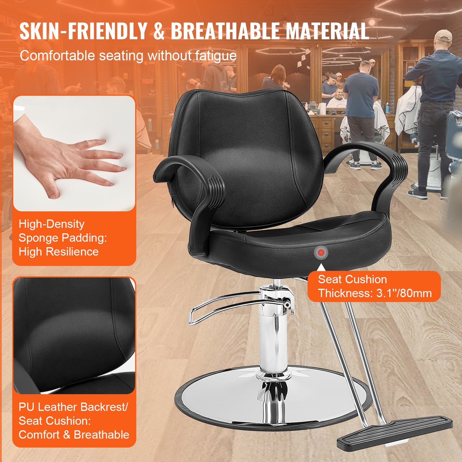 VEVOR Black Salon Chair with Hydraulic Pump, 360° Swivel, Footrest, PU Leather, Max Load 150 kg for Hair Stylists & Beauty Spa — изображение 4