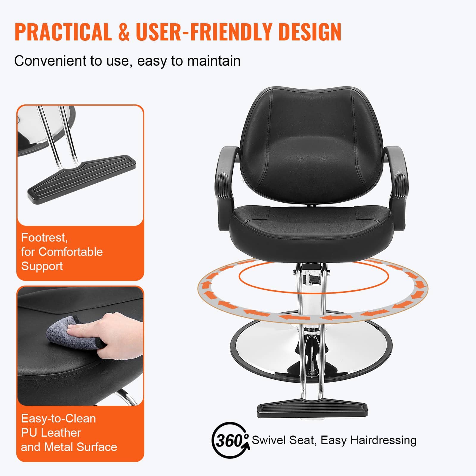 VEVOR Black Salon Chair with Hydraulic Pump, 360° Swivel, Footrest, PU Leather, Max Load 150 kg for Hair Stylists & Beauty Spa — изображение 5