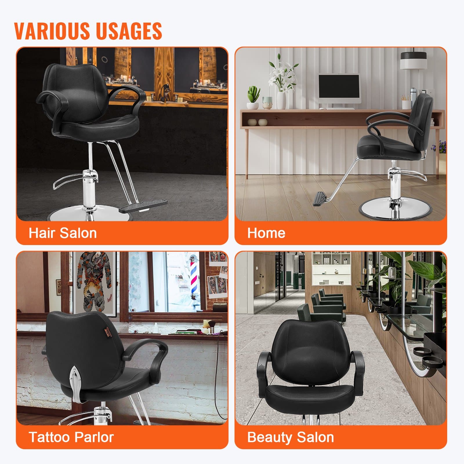VEVOR Black Salon Chair with Hydraulic Pump, 360° Swivel, Footrest, PU Leather, Max Load 150 kg for Hair Stylists & Beauty Spa — изображение 6