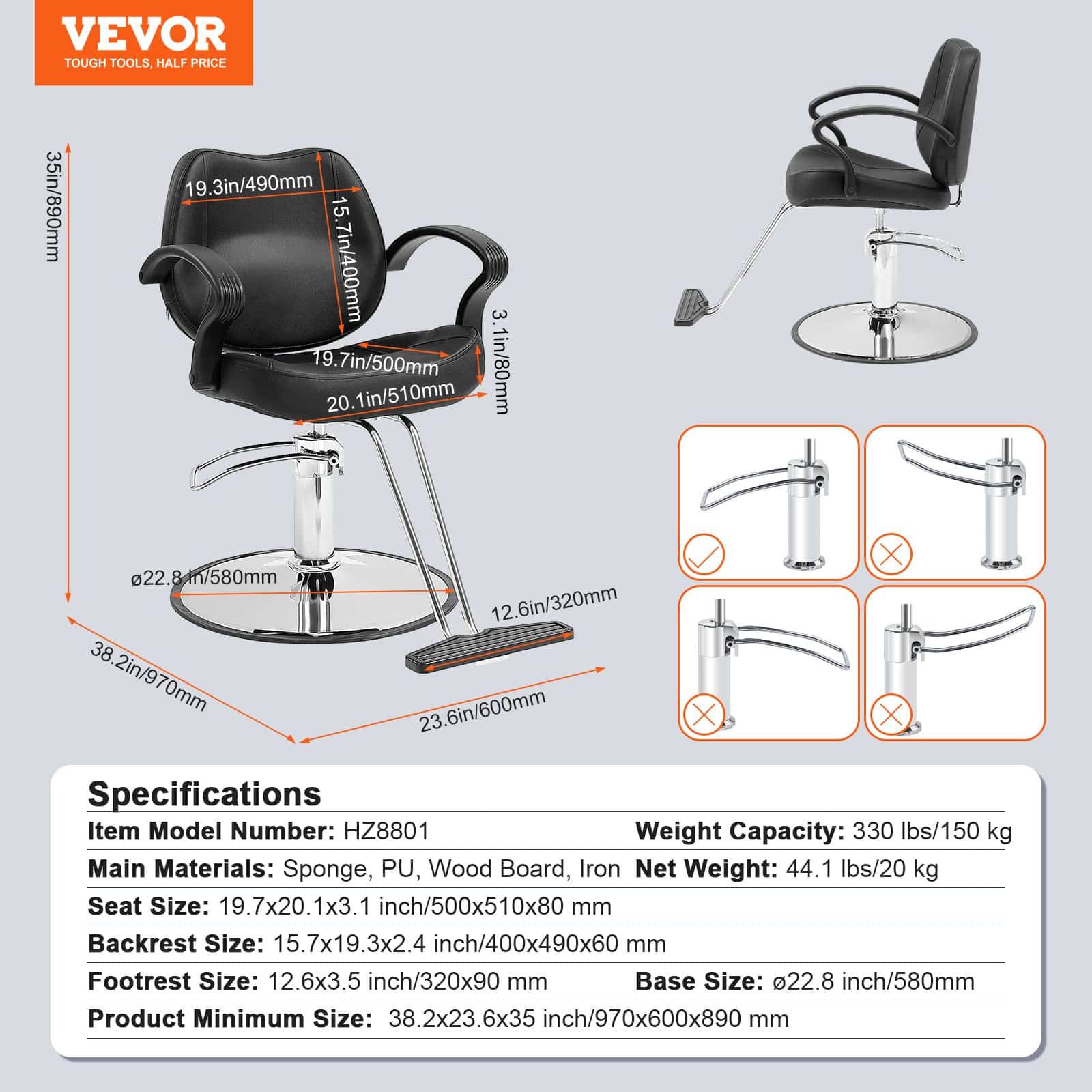 VEVOR Black Salon Chair with Hydraulic Pump, 360° Swivel, Footrest, PU Leather, Max Load 150 kg for Hair Stylists & Beauty Spa — изображение 7