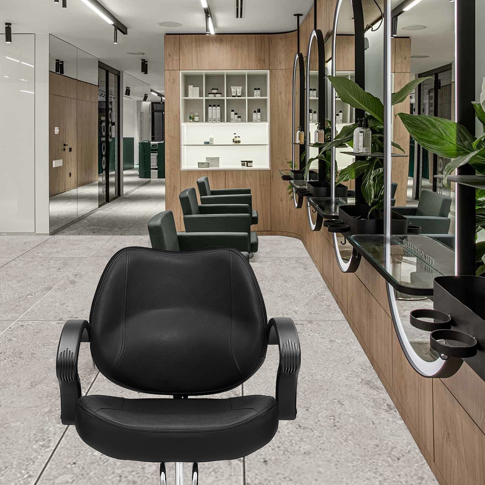 VEVOR Black Salon Chair with Hydraulic Pump, 360° Swivel, Footrest, PU Leather, Max Load 150 kg for Hair Stylists & Beauty Spa — изображение 8