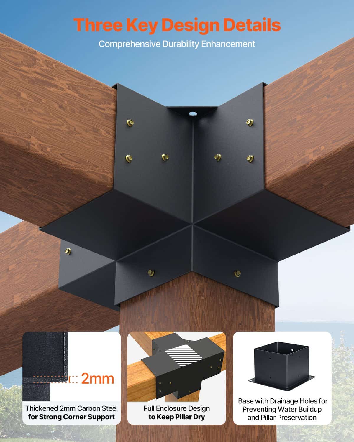 VEVOR 142x142mm Pergola Bracket Kit, 4pcs Heavy-Duty 4-Way Steel Corner Base for Wooden Gazebo, Patio, Easy DIY Install — изображение 3