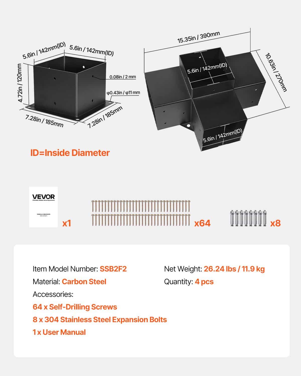VEVOR 142x142mm Pergola Bracket Kit, 4pcs Heavy-Duty 4-Way Steel Corner Base for Wooden Gazebo, Patio, Easy DIY Install — изображение 7