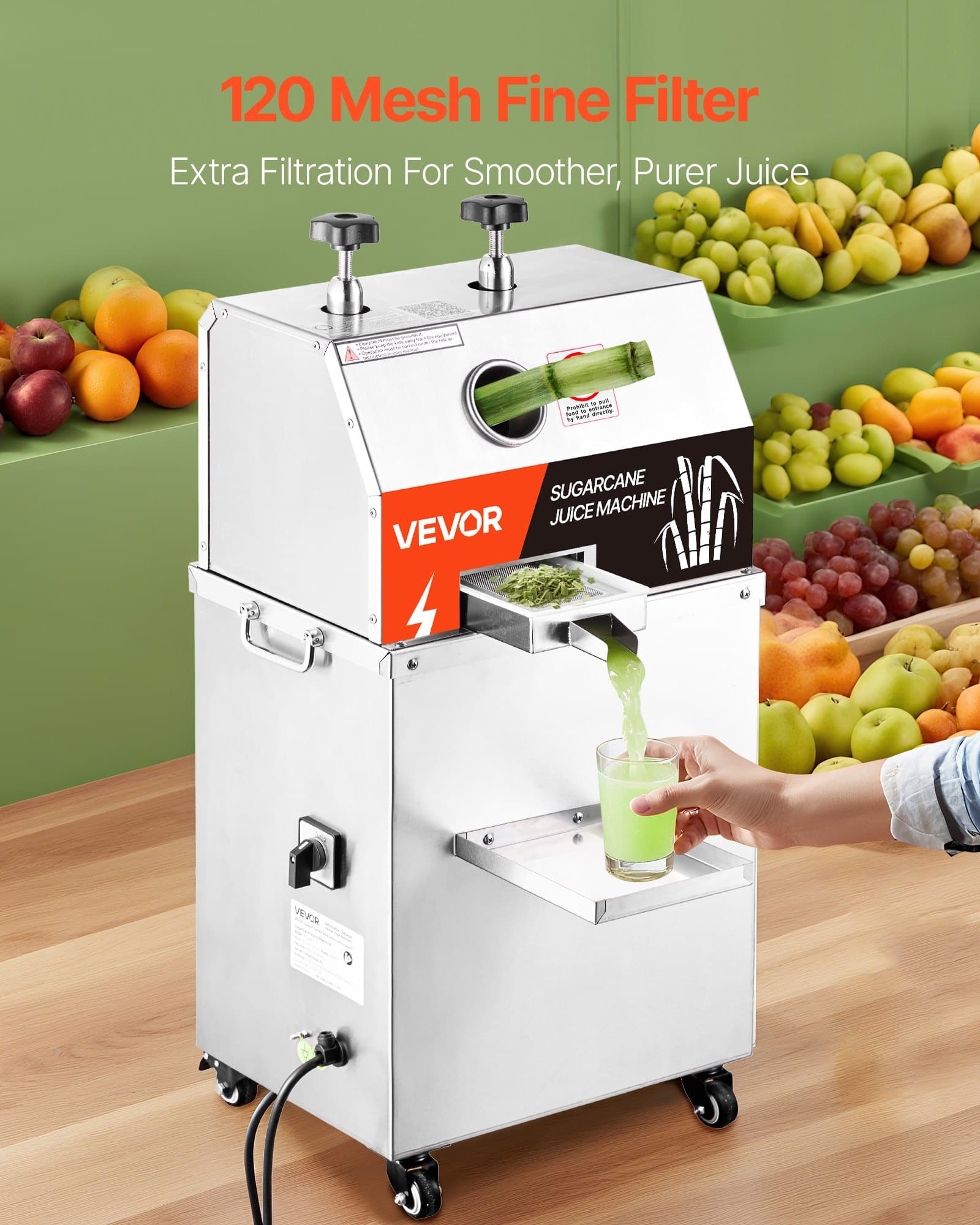 VEVOR 750W Electric Sugarcane Juicer with 3 Stainless Steel Rollers, 300kg/h Output, Mobile Juice Press for Home & Commercial - Pilt 5