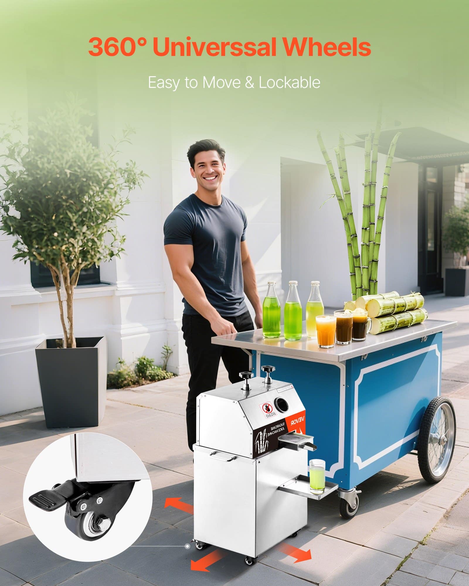 VEVOR 750W Electric Sugarcane Juicer with 3 Stainless Steel Rollers, 300kg/h Output, Mobile Juice Press for Home & Commercial - Pilt 6