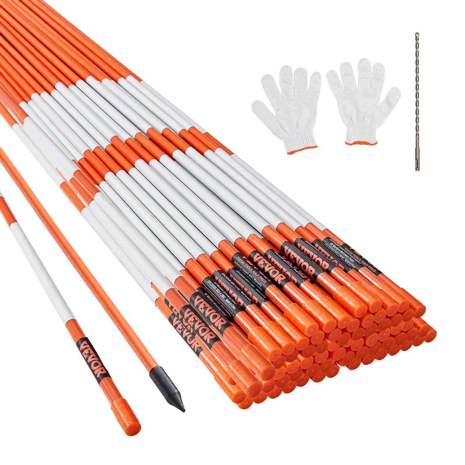 VEVOR 100PCS 122cm Orange Fiberglass Driveway Markers with Reflective Tape, Steel Drill Bit & Gloves for Snow Visibility