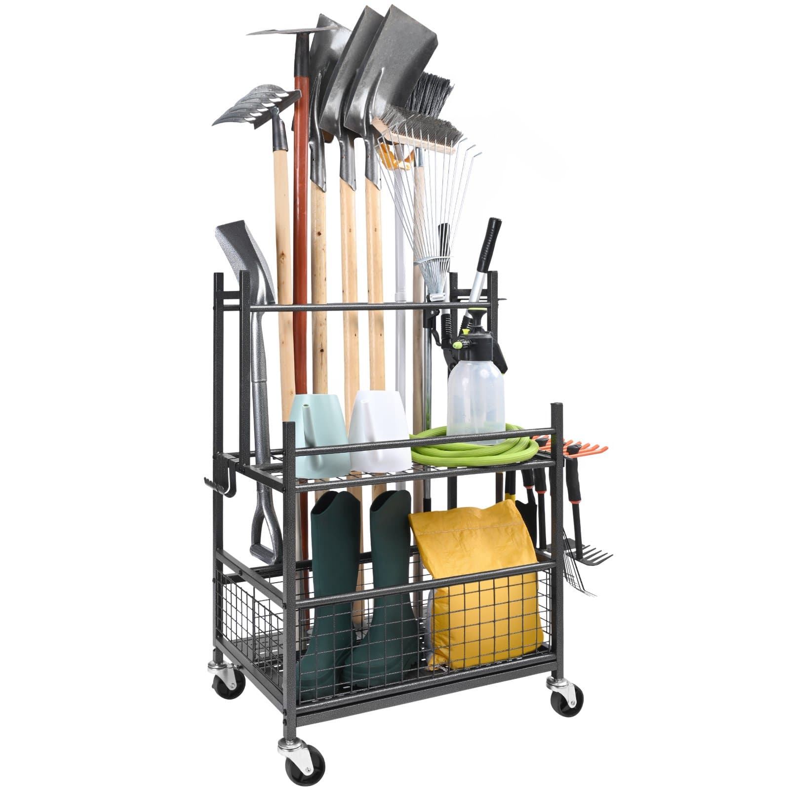 VEVOR Garden Tool Organizer Rack with 16 Slots & Hooks, Metal Stand with Wheels for Garage, Shed & Outdoor Storage