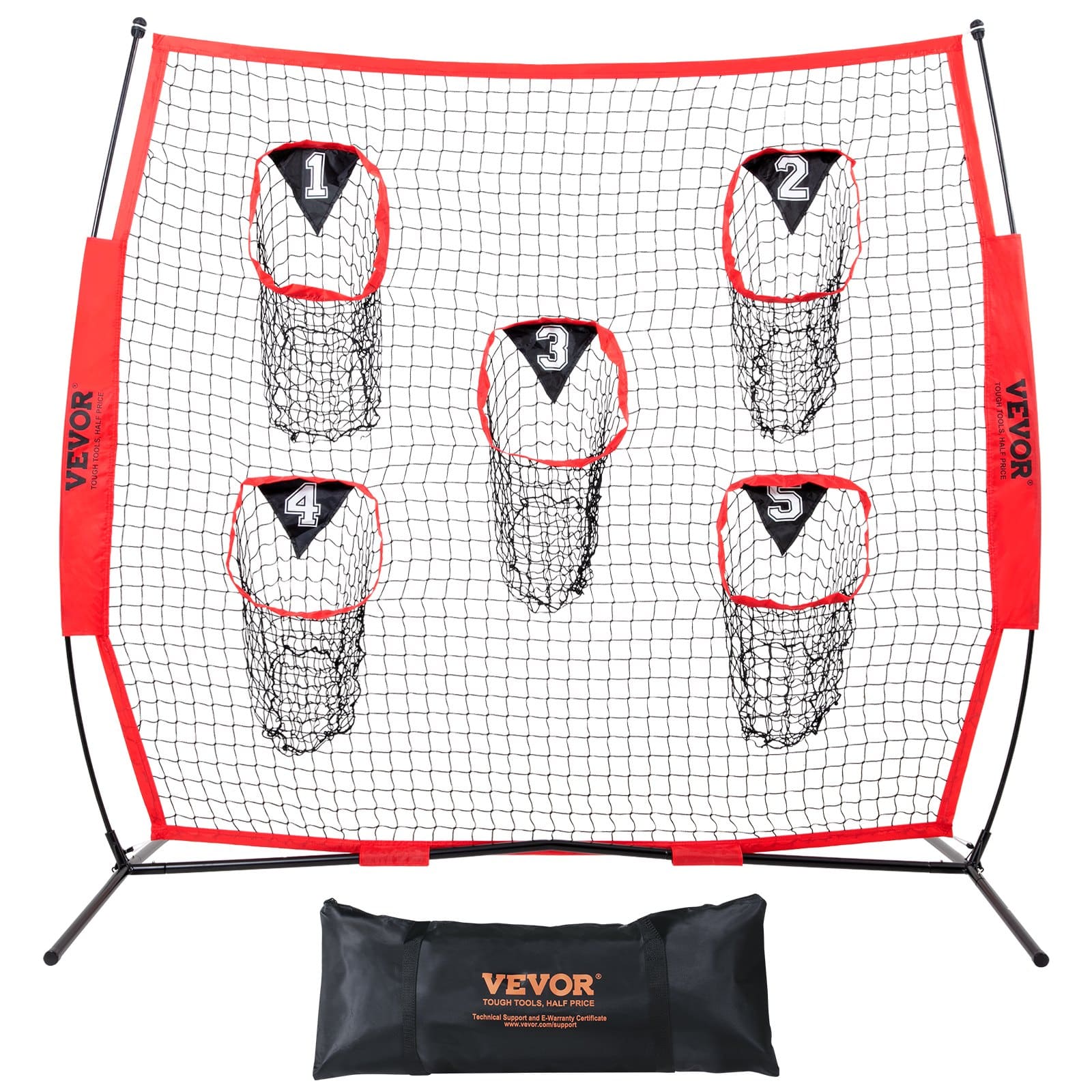 VEVOR 183x183 cm futbola metienu trenažieru tīkls ar 5 mērķa kabatām, bezmezglu sietu, priekšgala rāmi un pārnēsāšanas futrāli, sarkans