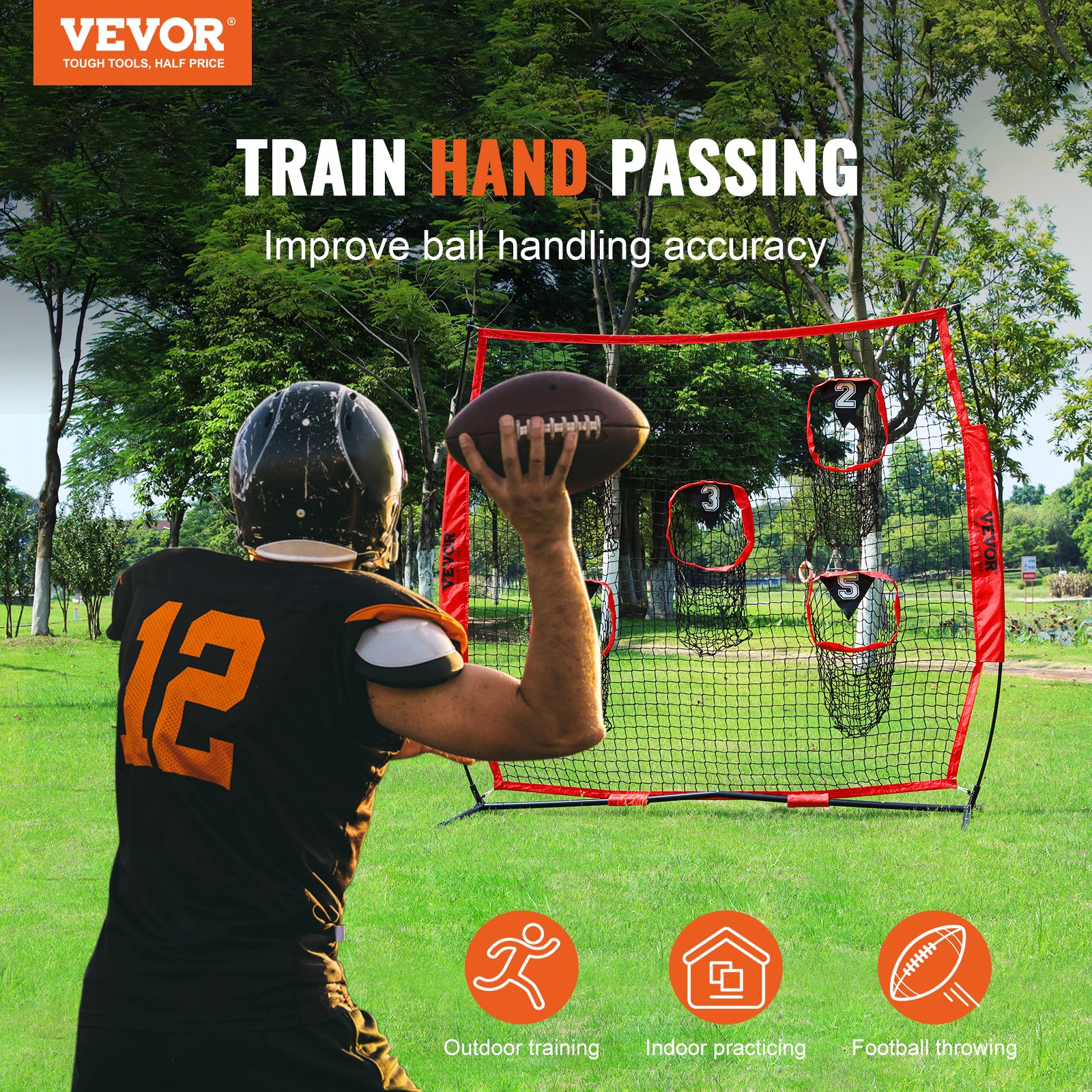 VEVOR 2.13 x 2.13 m Football Throwing Net with 5 Targets, Durable Knotless Mesh, Bow Frame & Carry Bag - Red - Image 2