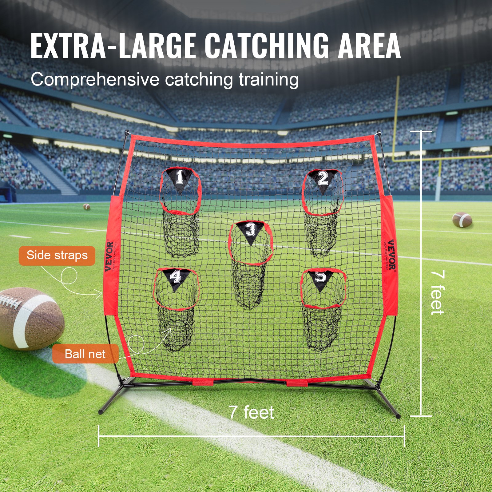 VEVOR 2.13 x 2.13 m Football Throwing Net with 5 Targets, Durable Knotless Mesh, Bow Frame & Carry Bag - Red - Image 3