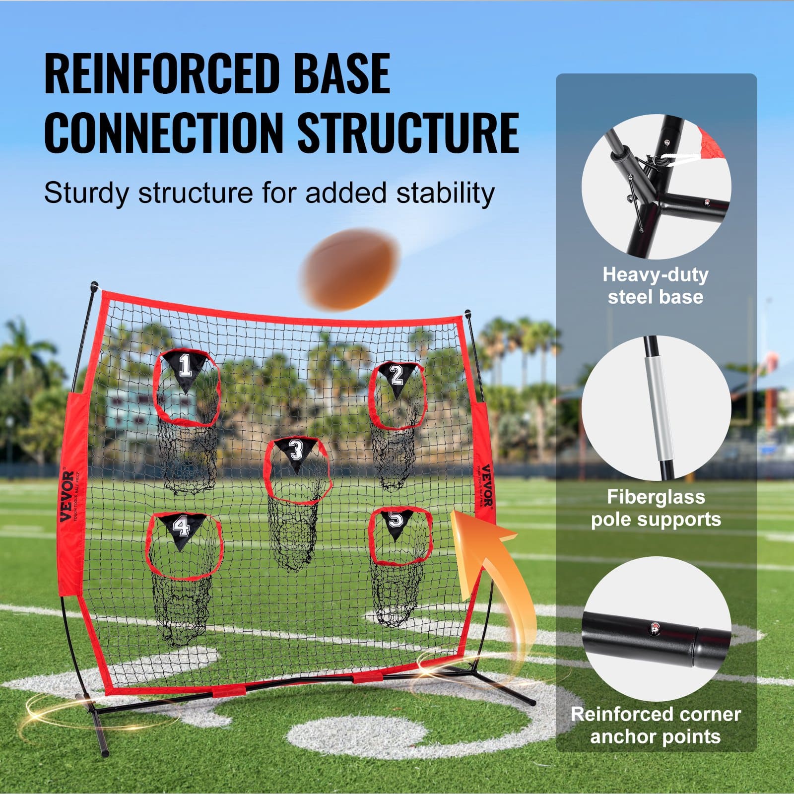 VEVOR 2.13 x 2.13 m Football Throwing Net with 5 Targets, Durable Knotless Mesh, Bow Frame & Carry Bag - Red - Image 4