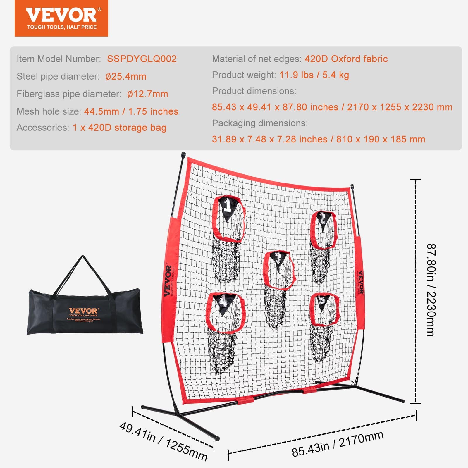VEVOR 2.13 x 2.13 m Football Throwing Net with 5 Targets, Durable Knotless Mesh, Bow Frame & Carry Bag - Red - Image 7