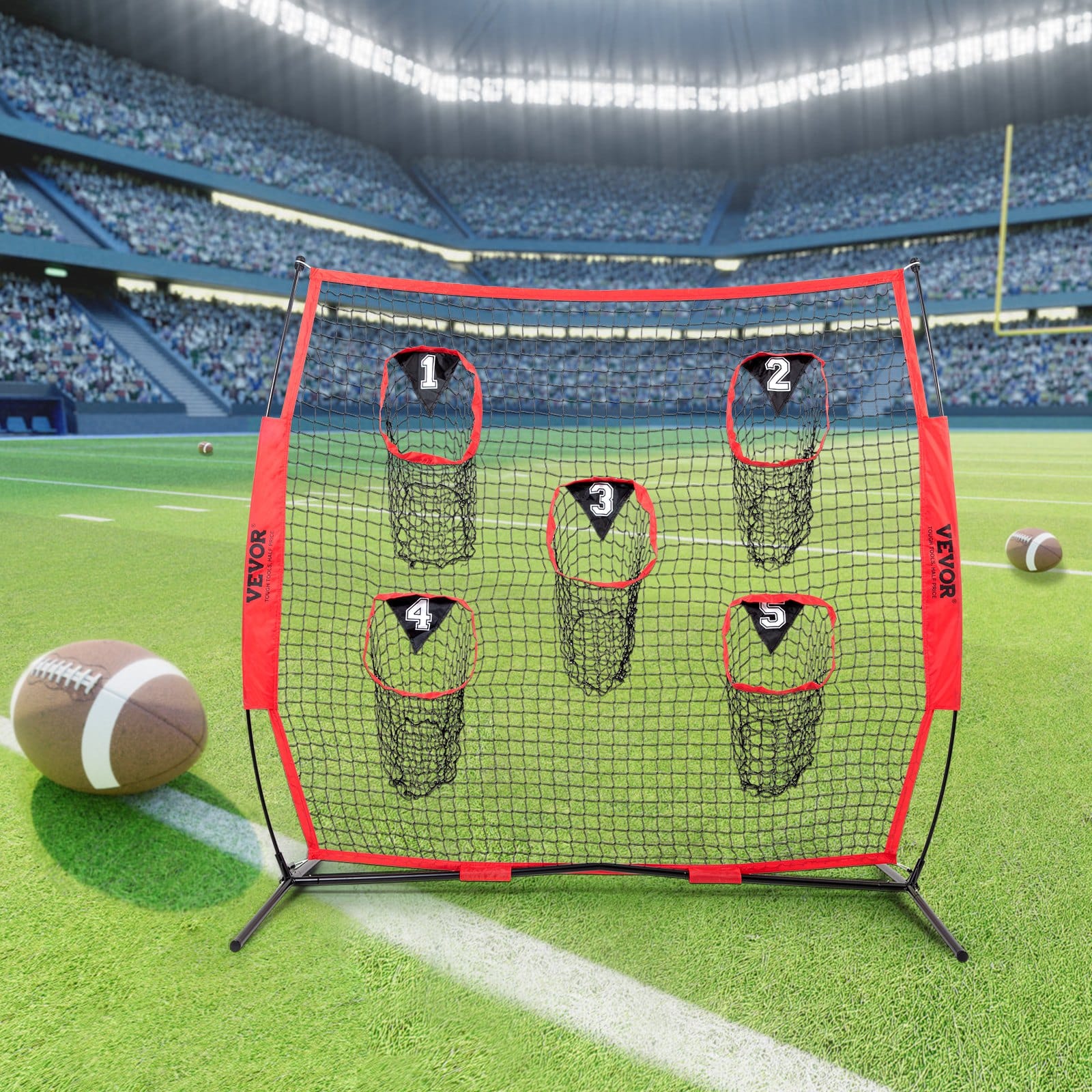 VEVOR 2.13 x 2.13 m Football Throwing Net with 5 Targets, Durable Knotless Mesh, Bow Frame & Carry Bag - Red - Image 8