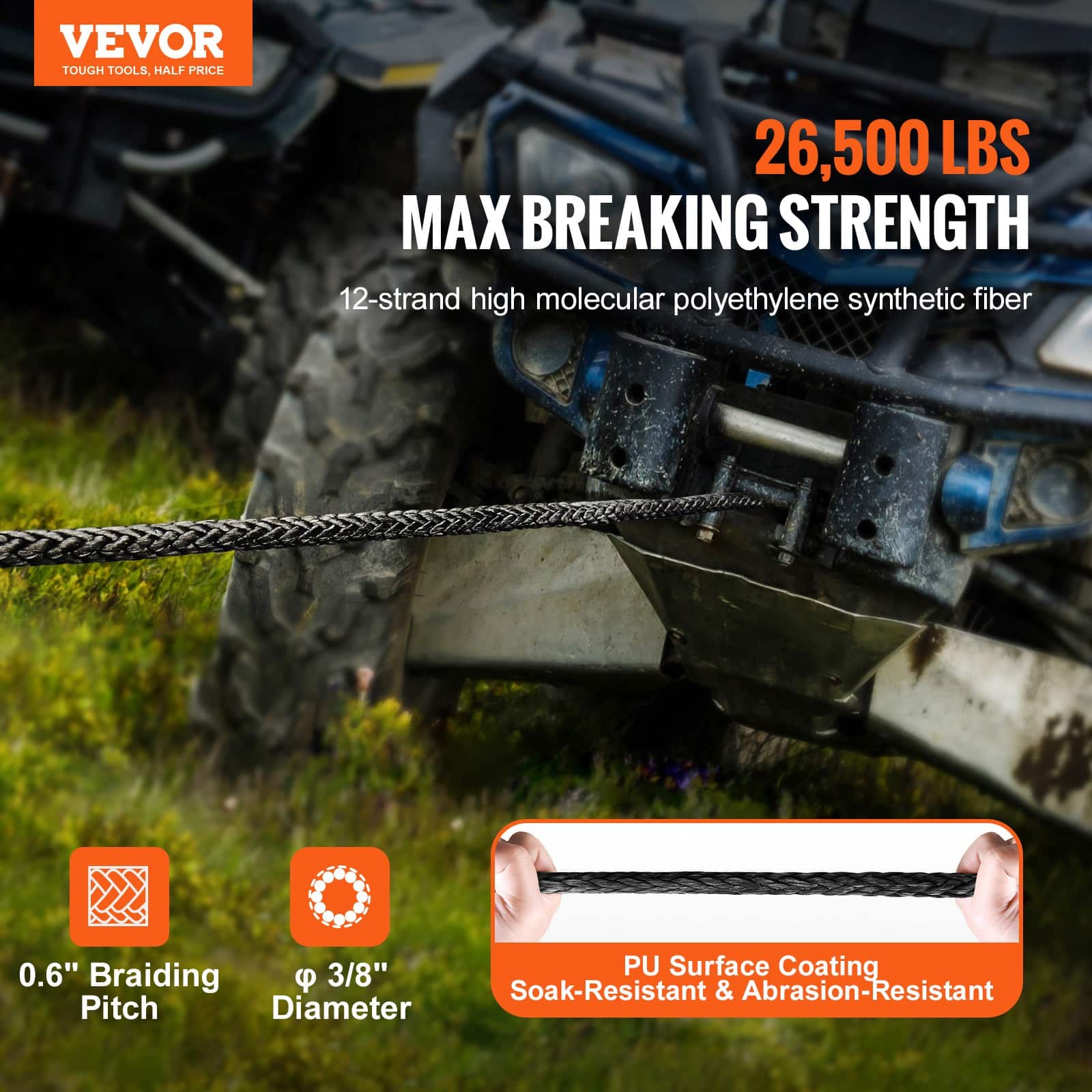 VEVOR 9.5 mm x 25.91 m Synthetic Winch Rope 12,020 kg with Hook, Sleeve & Strap for SUV, Off-Road & Trucks - Image 2