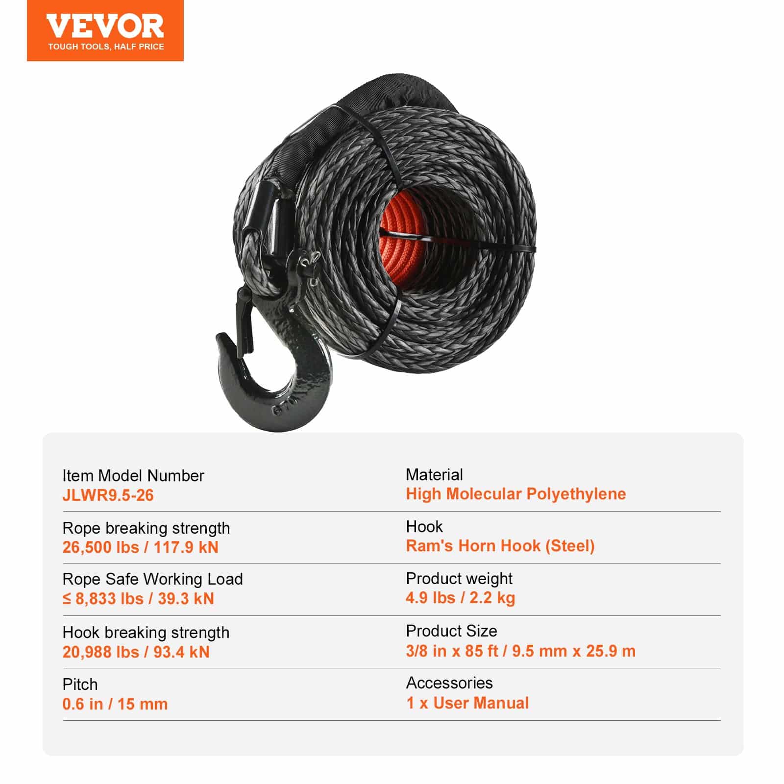 VEVOR 9.5 mm x 25.91 m Synthetic Winch Rope 12,020 kg with Hook, Sleeve & Strap for SUV, Off-Road & Trucks - Image 7
