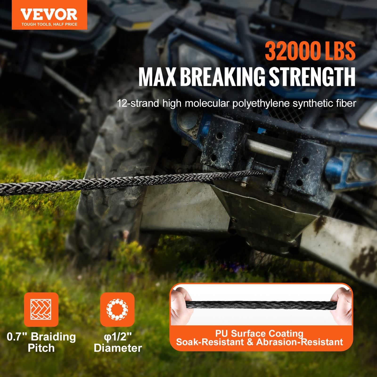 VEVOR 12.7mm x 28m Synthetic Winch Rope 14,515kg with Hook, Strap & Sleeves for SUV, Truck, Off-Road Vehicle - Image 2