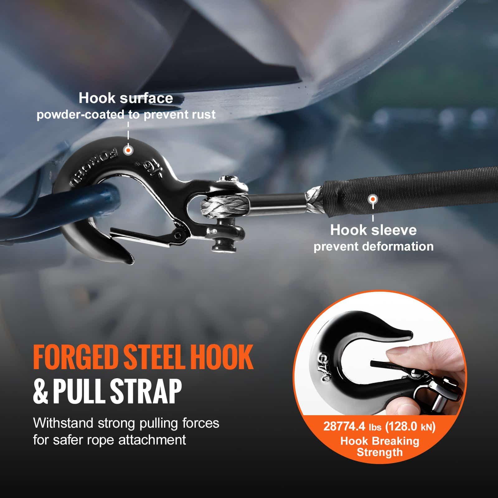 VEVOR 12.7mm x 28m Synthetic Winch Rope 14,515kg with Hook, Strap & Sleeves for SUV, Truck, Off-Road Vehicle - Image 3