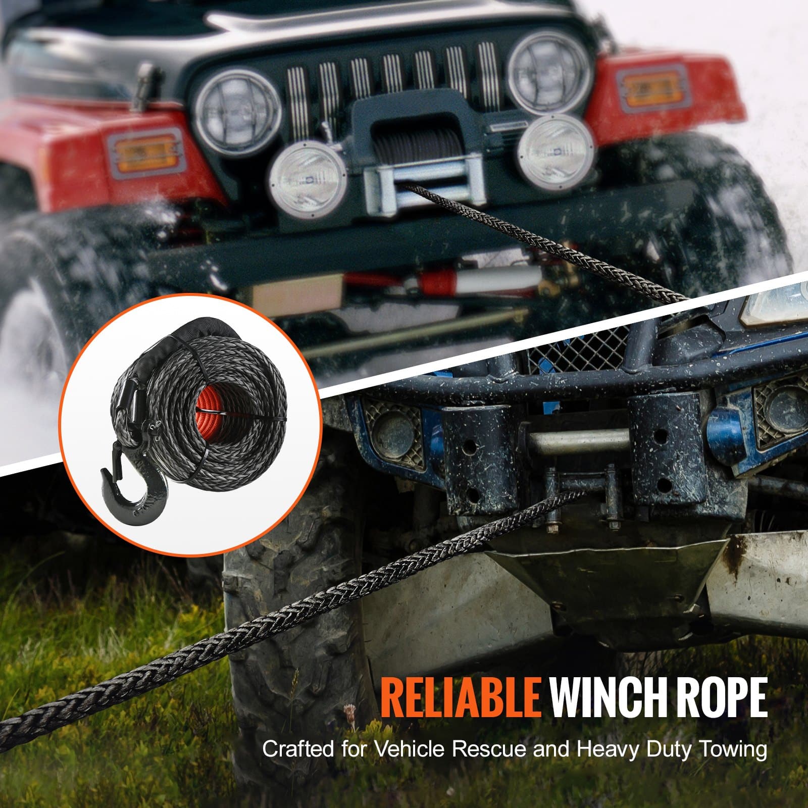 VEVOR 12.7mm x 28m Synthetic Winch Rope 14,515kg with Hook, Strap & Sleeves for SUV, Truck, Off-Road Vehicle - Image 6