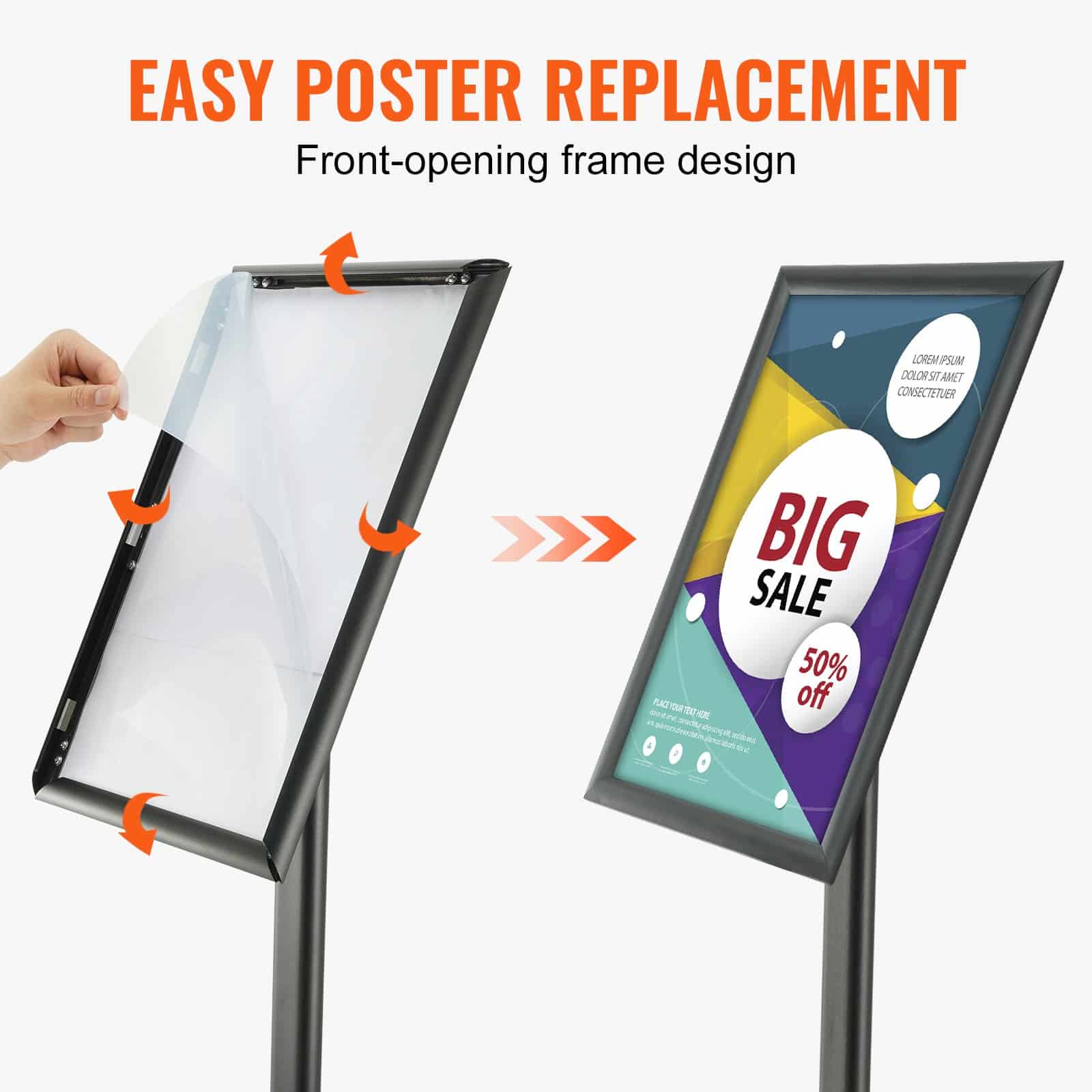 VEVOR Adjustable Pedestal Sign Holder 28x43cm, Metal Base, Vertical/Horizontal Display, Black Poster Stand for Indoor/Outdoor Use - Зображення 6