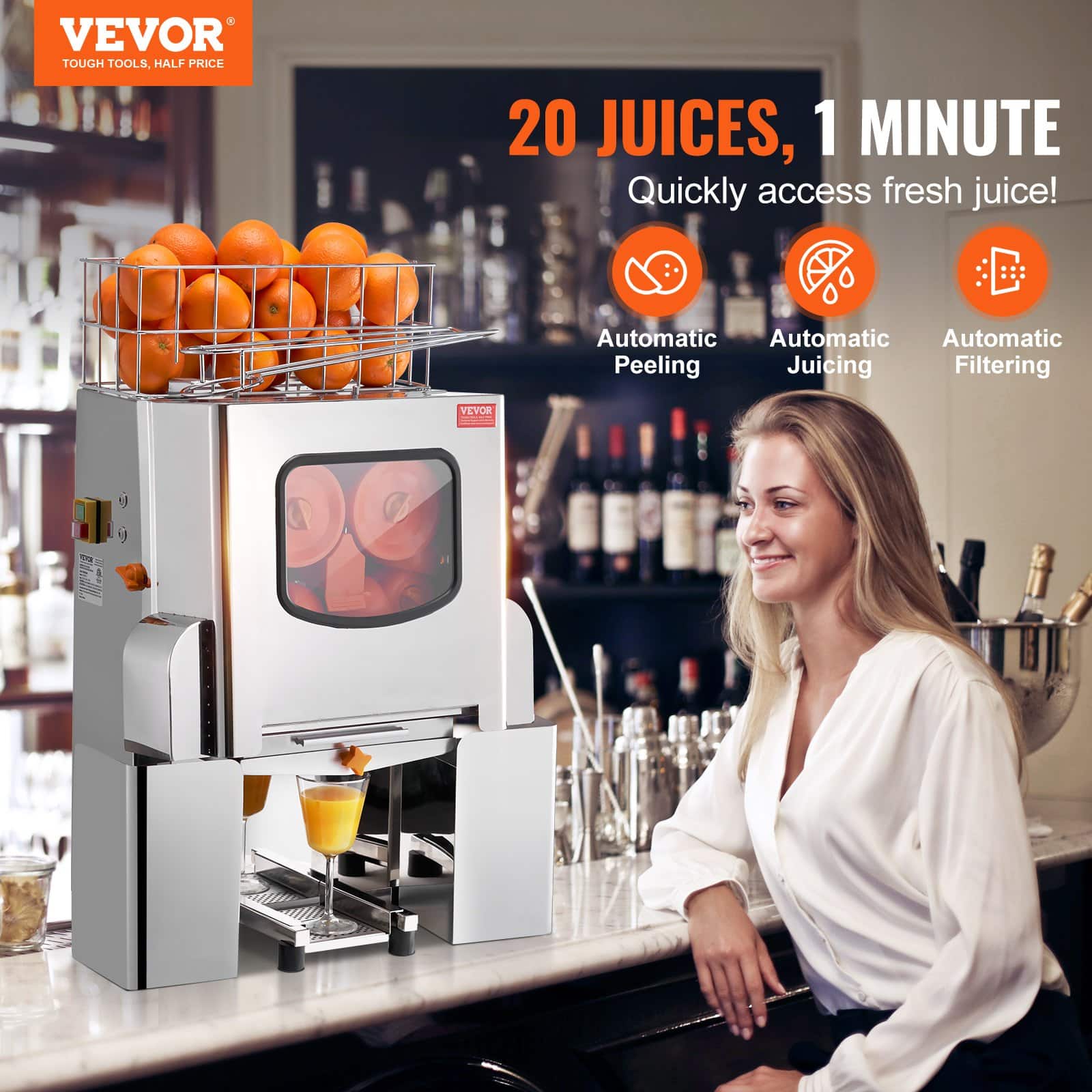 VEVOR 120W Commercial Orange Juicer, Stainless Steel Automatic Juice Extractor, 20 Oranges/Min, Pull-Out Filter, Dual Peel Bins – Paveikslėlis 2