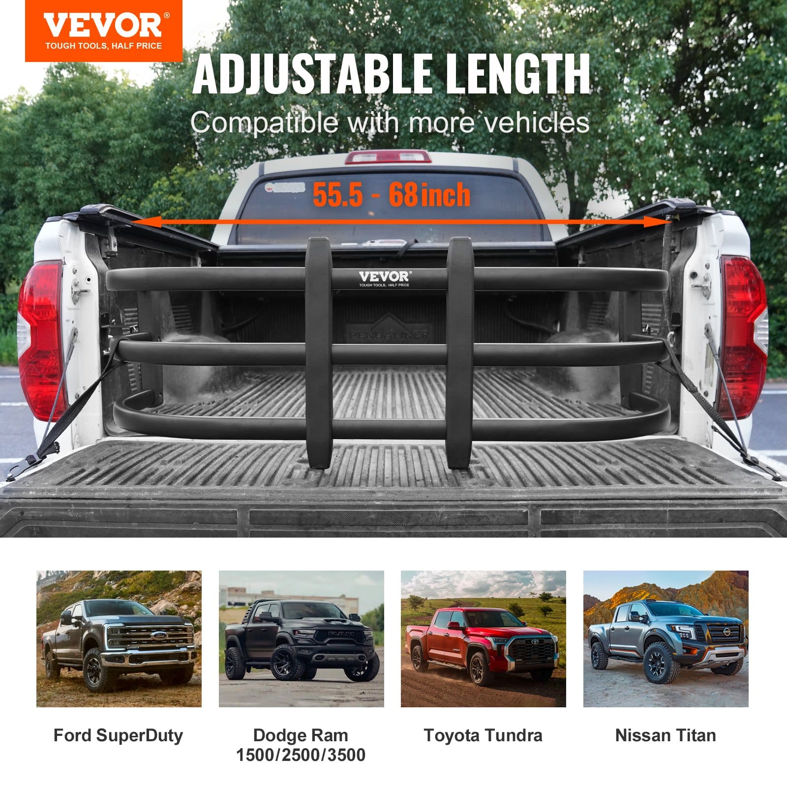 VEVOR Retractable Aluminum Truck Bed Extender 141–173 cm, Fits Ford, Ram, Toyota, Nissan, Chevy, GMC Pickups — изображение 2