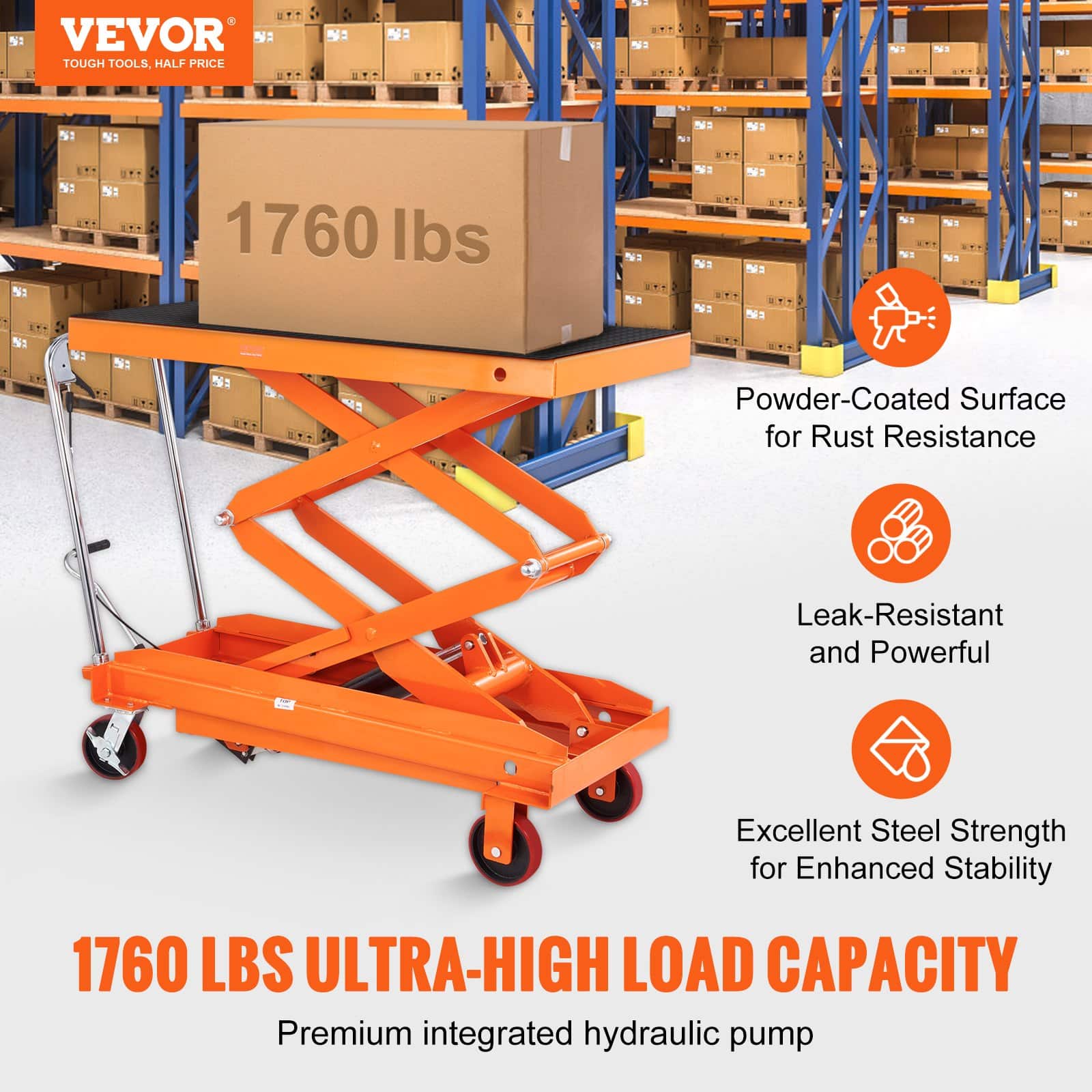 VEVOR Manual Hydraulic Scissor Lift Table Cart, 789 kg Capacity, 150 cm Lift Height, Non-slip Pad, 4 Wheels - Image 2