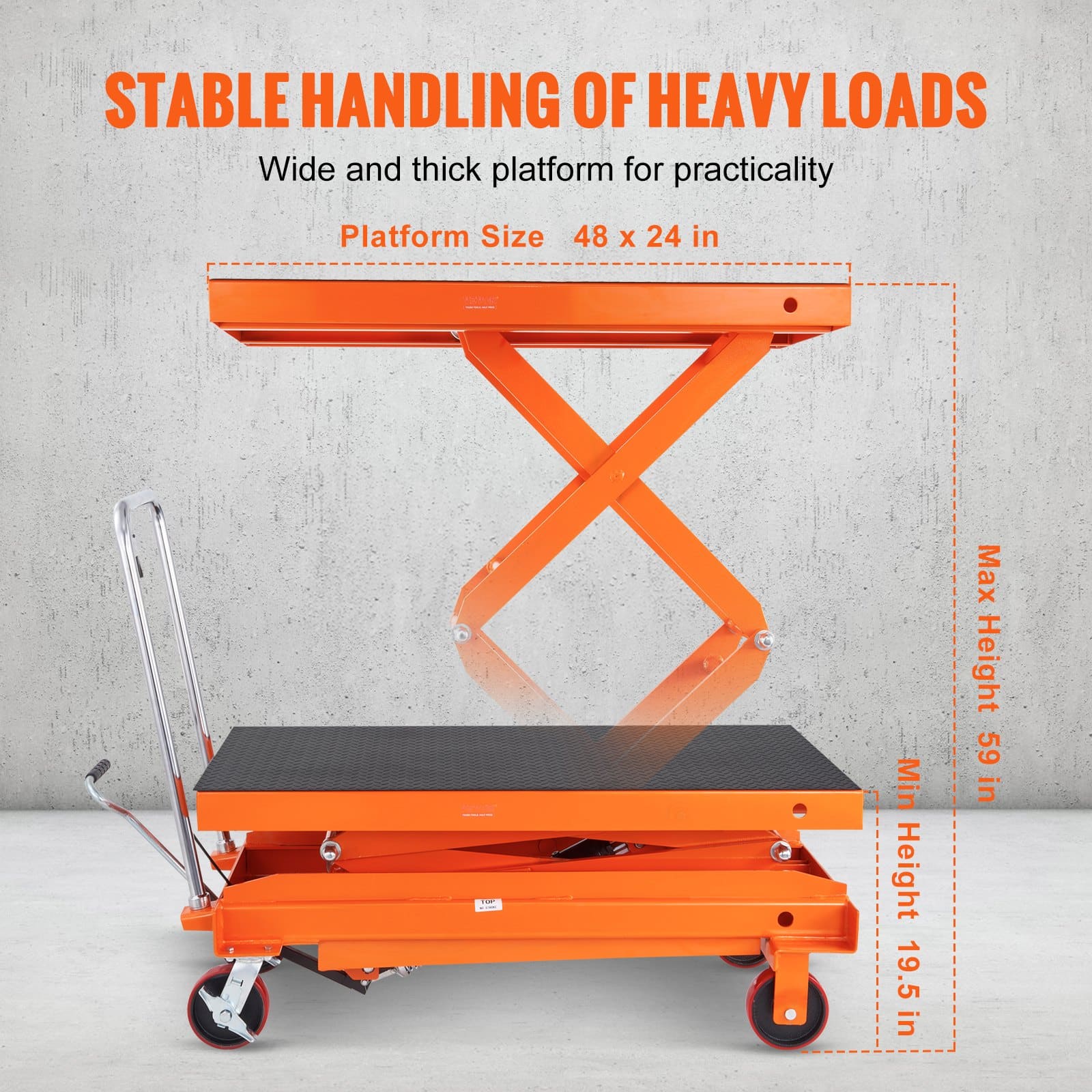VEVOR Manual Hydraulic Scissor Lift Table Cart, 789 kg Capacity, 150 cm Lift Height, Non-slip Pad, 4 Wheels - Image 3
