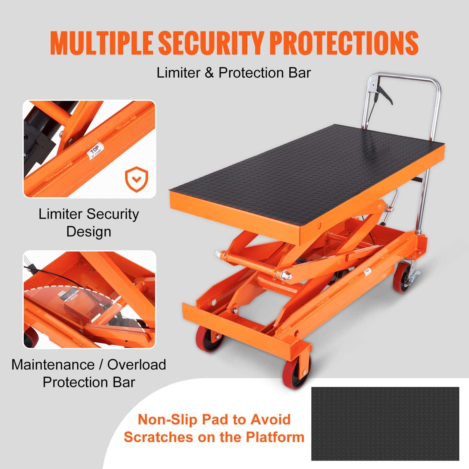 VEVOR Manual Hydraulic Scissor Lift Table Cart, 789 kg Capacity, 150 cm Lift Height, Non-slip Pad, 4 Wheels - Image 5