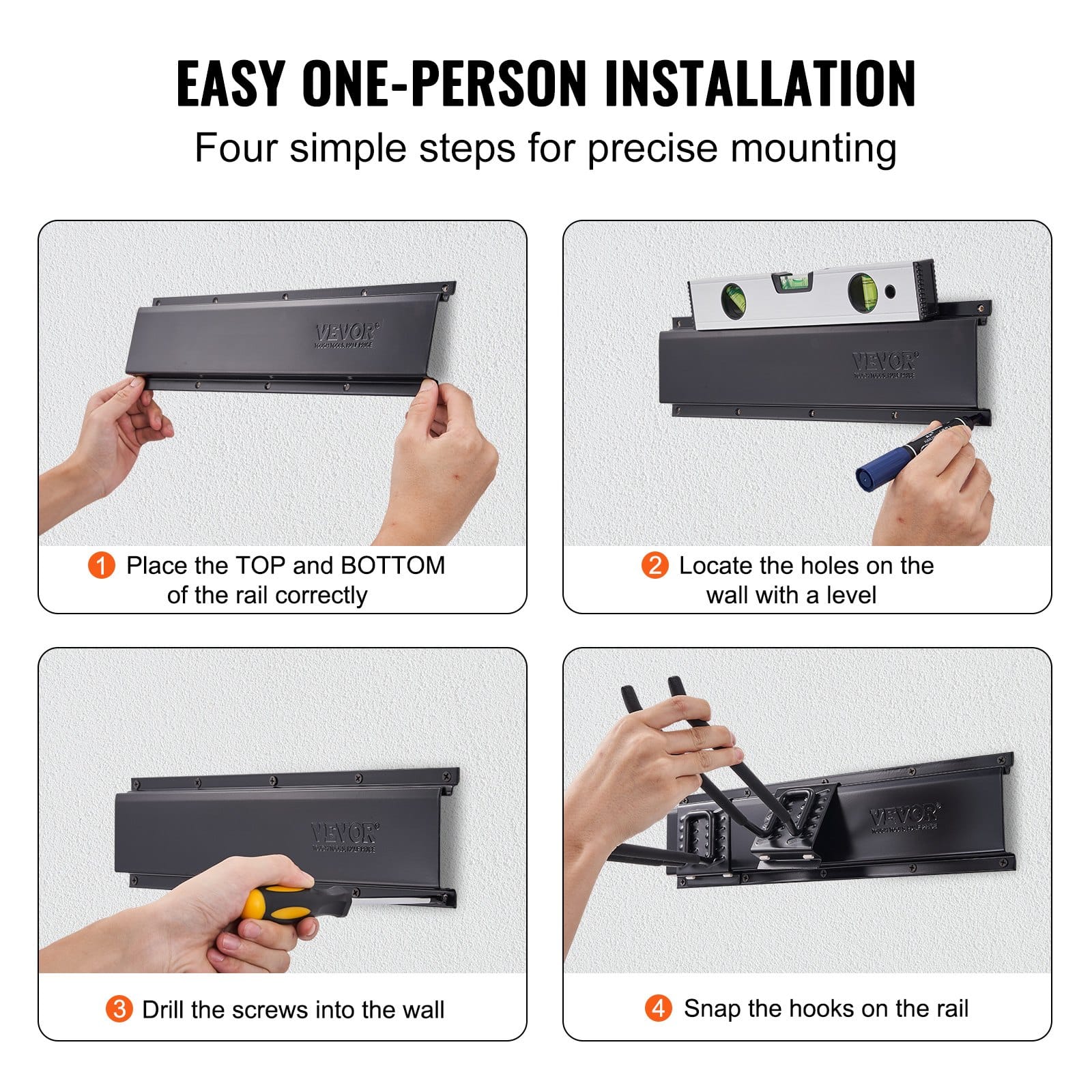 VEVOR Heavy-Duty Wall Mount Garage Tool Organizer, 272 kg Load, 10 Adjustable Hooks, 4 Rails for Garden Tools & Hoses - Зображення 4