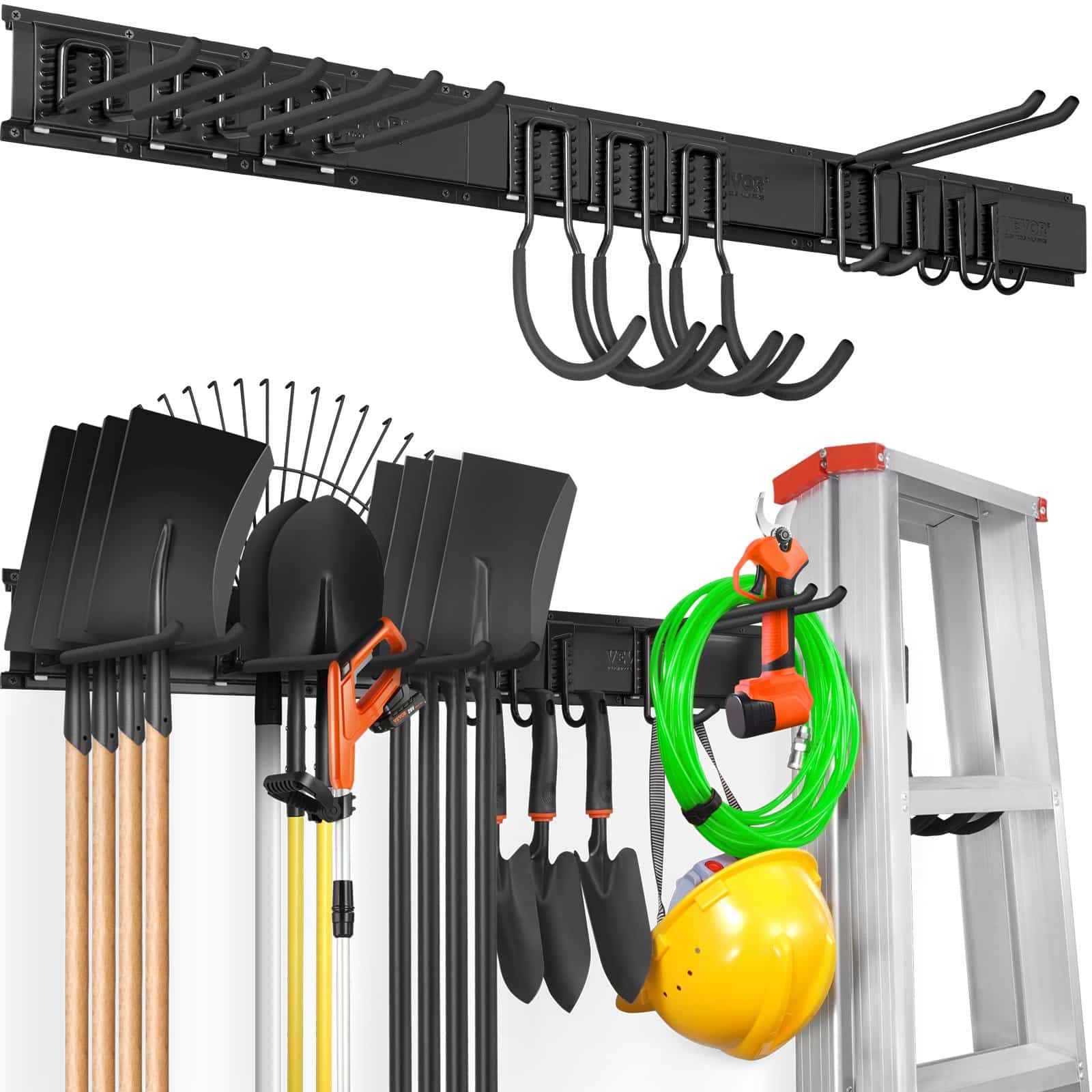 VEVOR Heavy-Duty Wall Mount Garage Tool Organizer, 272 kg Load, 10 Adjustable Hooks, 4 Rails for Garden Tools & Hoses