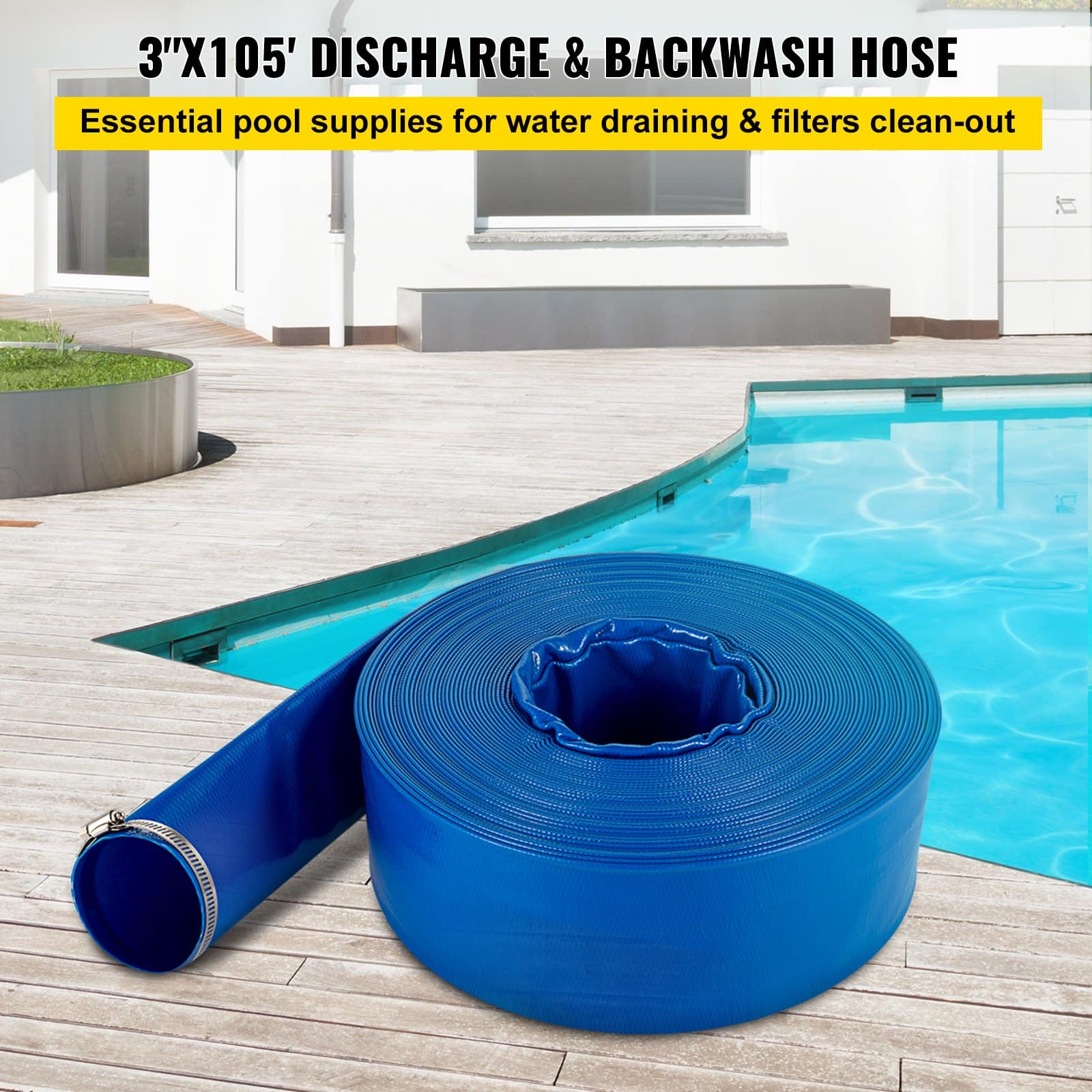 VEVOR Heavy-Duty PVC Discharge Hose 76mm x 32m with Clamps, Weather & Burst-Proof, for Pool Backwash & Water Transfer — изображение 2