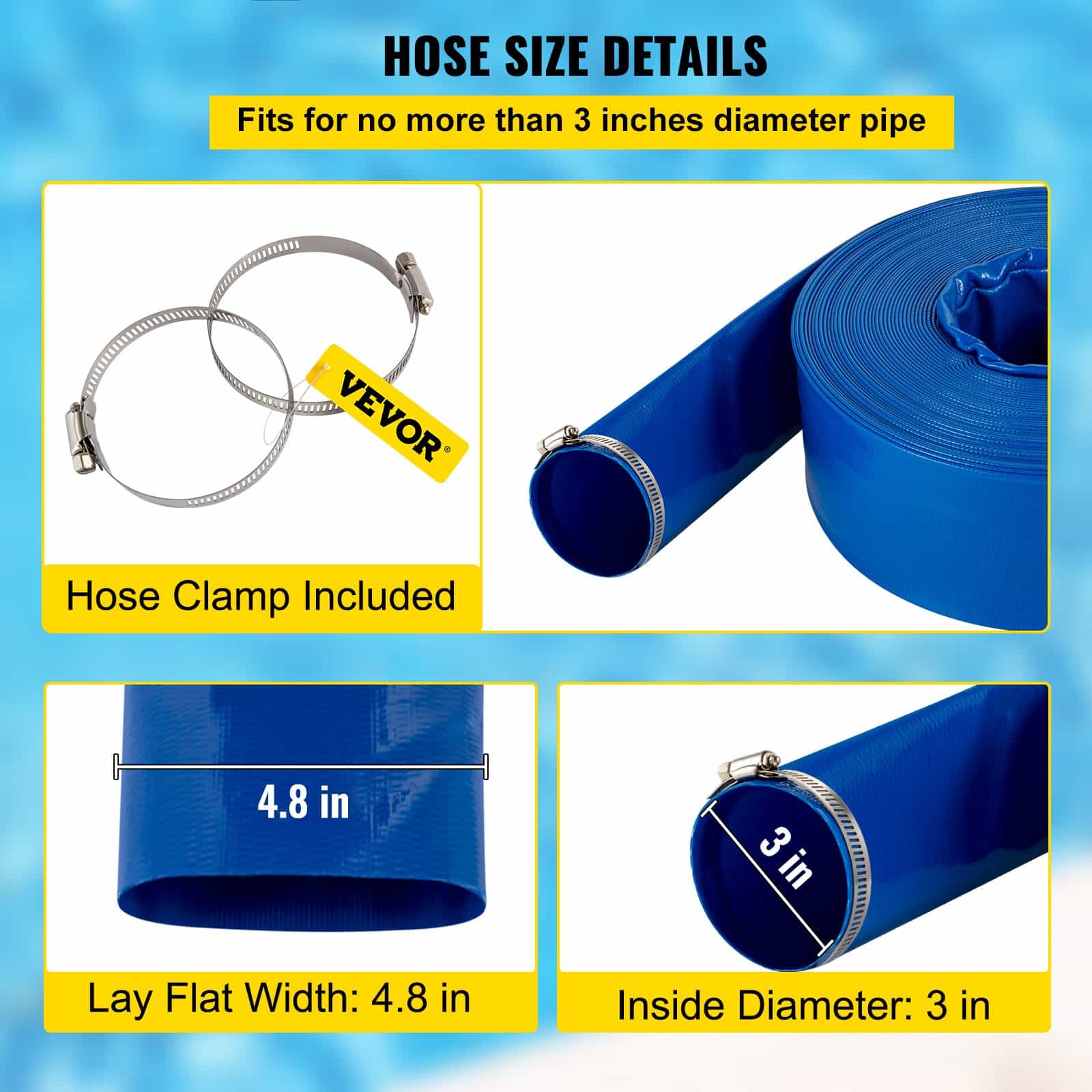 VEVOR Heavy-Duty PVC Discharge Hose 76mm x 32m with Clamps, Weather & Burst-Proof, for Pool Backwash & Water Transfer — изображение 4