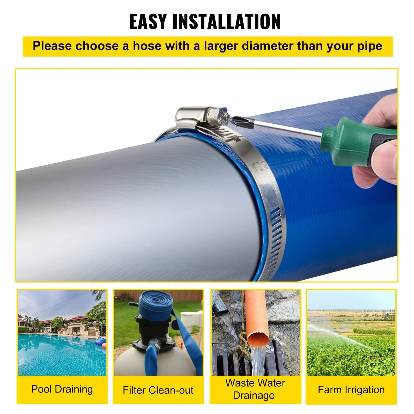VEVOR Heavy-Duty PVC Discharge Hose 76mm x 32m with Clamps, Weather & Burst-Proof, for Pool Backwash & Water Transfer — изображение 6