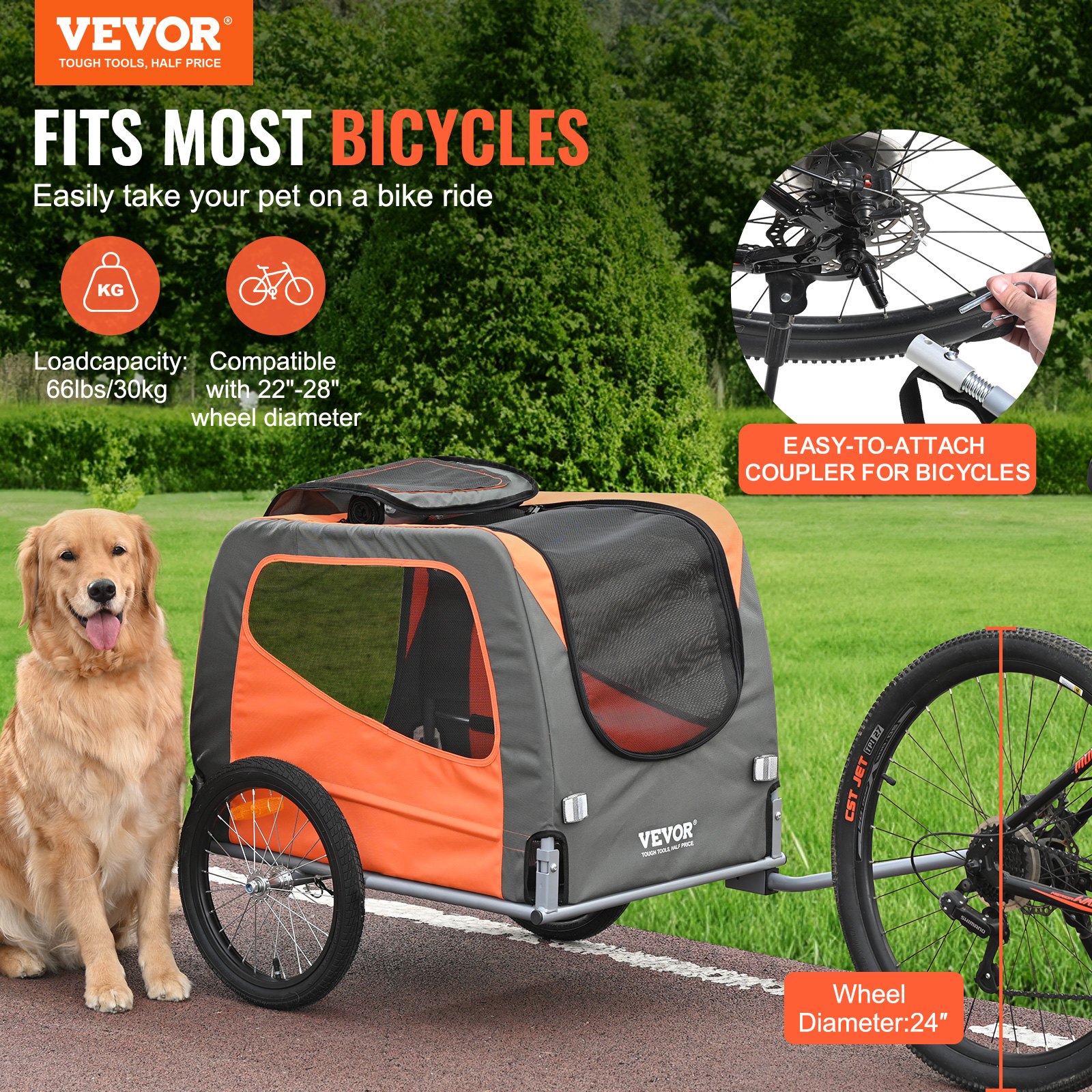 VEVOR Dog Bike Trailer 30kg Load, Foldable Pet Bicycle Carrier with Reflectors, Flag, Quick Release Wheels, Orange/Gray — attēls 2