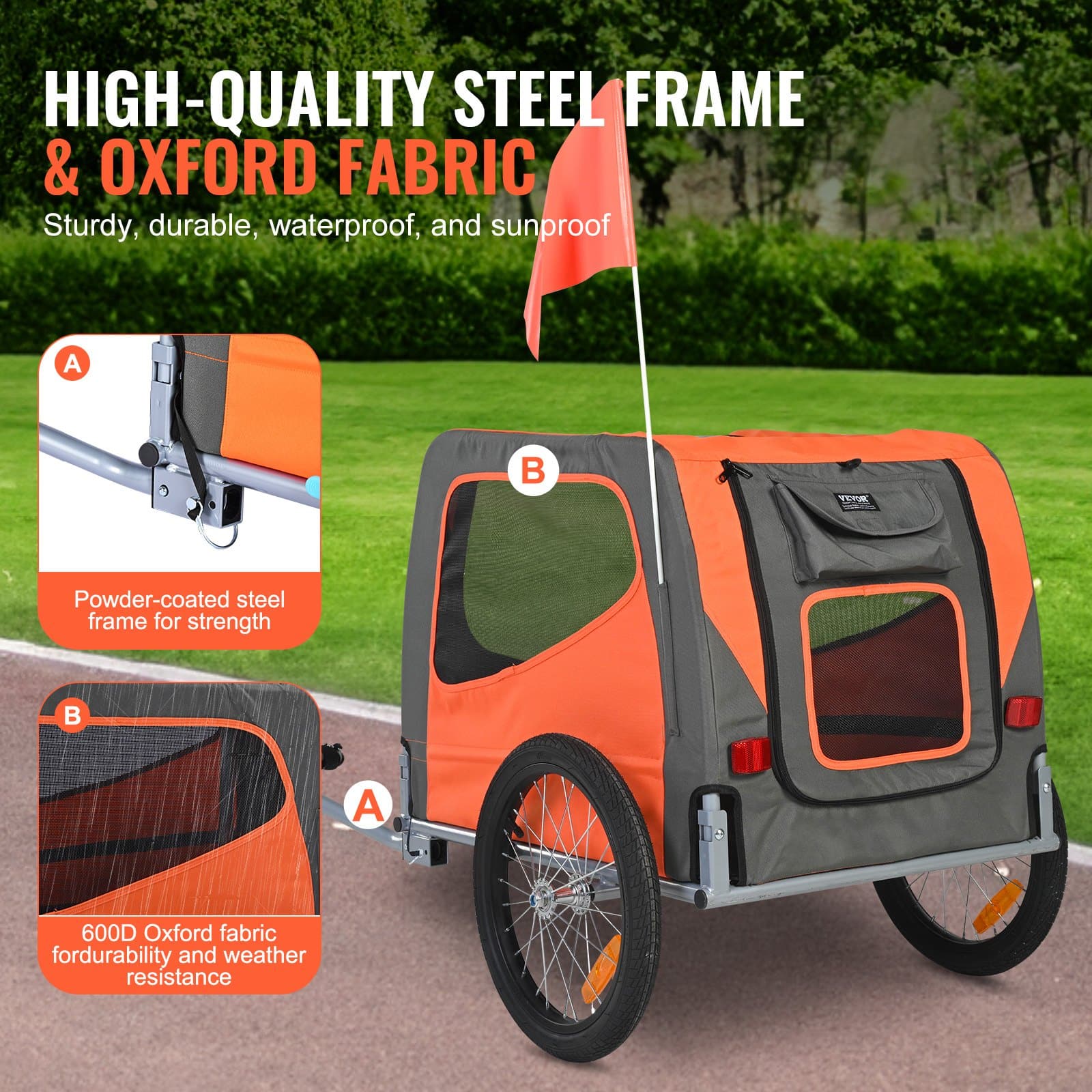 VEVOR Dog Bike Trailer 30kg Load, Foldable Pet Bicycle Carrier with Reflectors, Flag, Quick Release Wheels, Orange/Gray — attēls 3