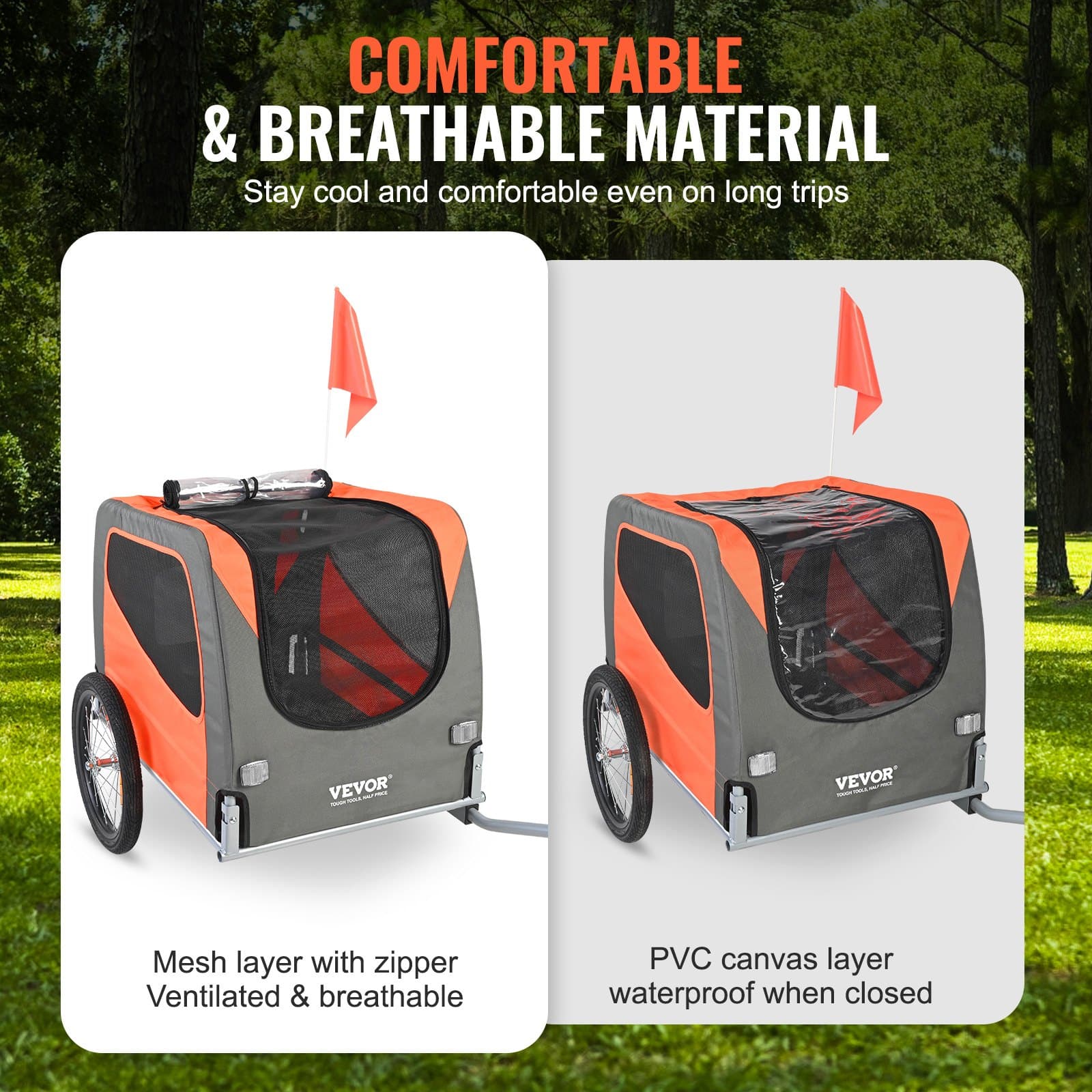 VEVOR Dog Bike Trailer 30kg Load, Foldable Pet Bicycle Carrier with Reflectors, Flag, Quick Release Wheels, Orange/Gray — attēls 4