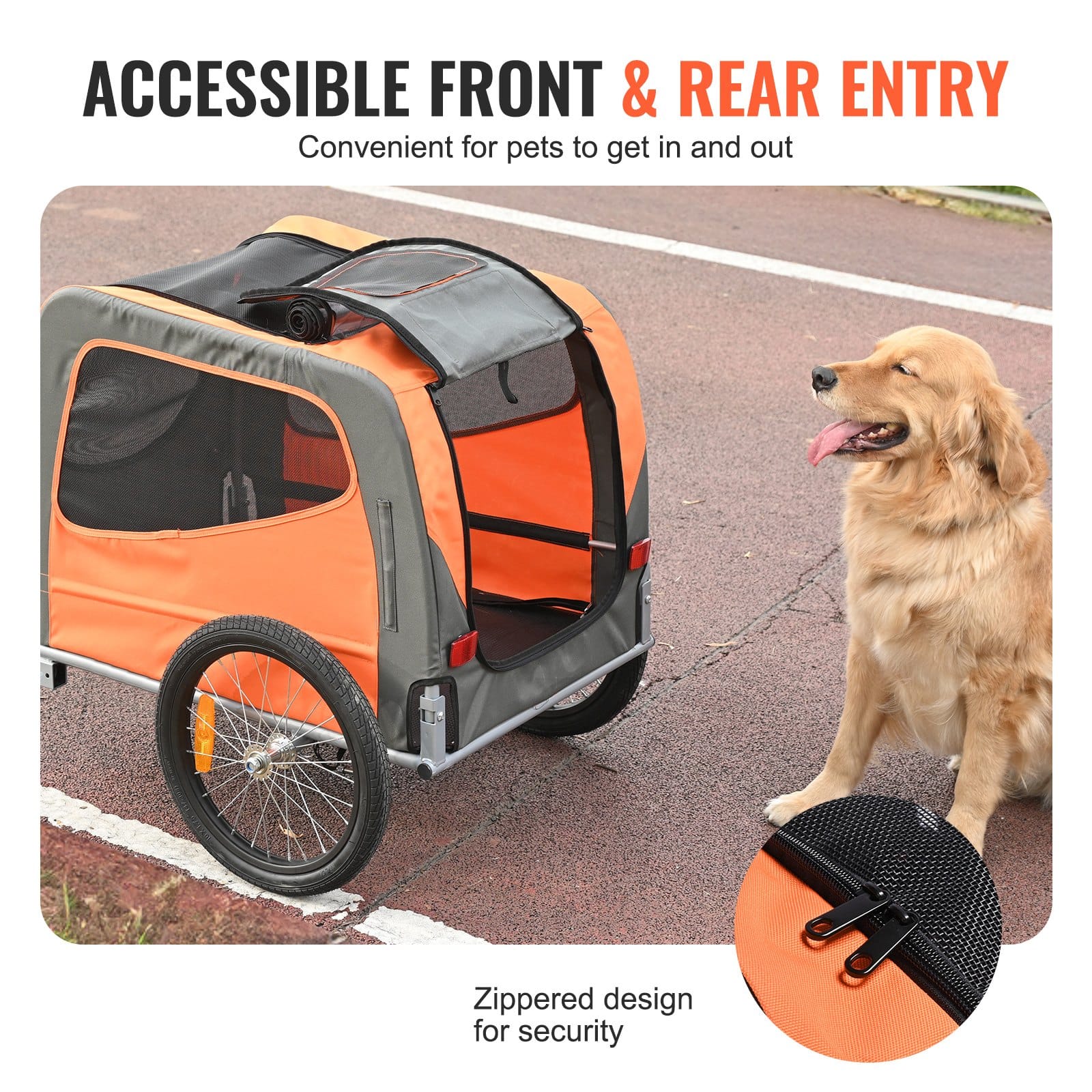 VEVOR Dog Bike Trailer 30kg Load, Foldable Pet Bicycle Carrier with Reflectors, Flag, Quick Release Wheels, Orange/Gray — attēls 5