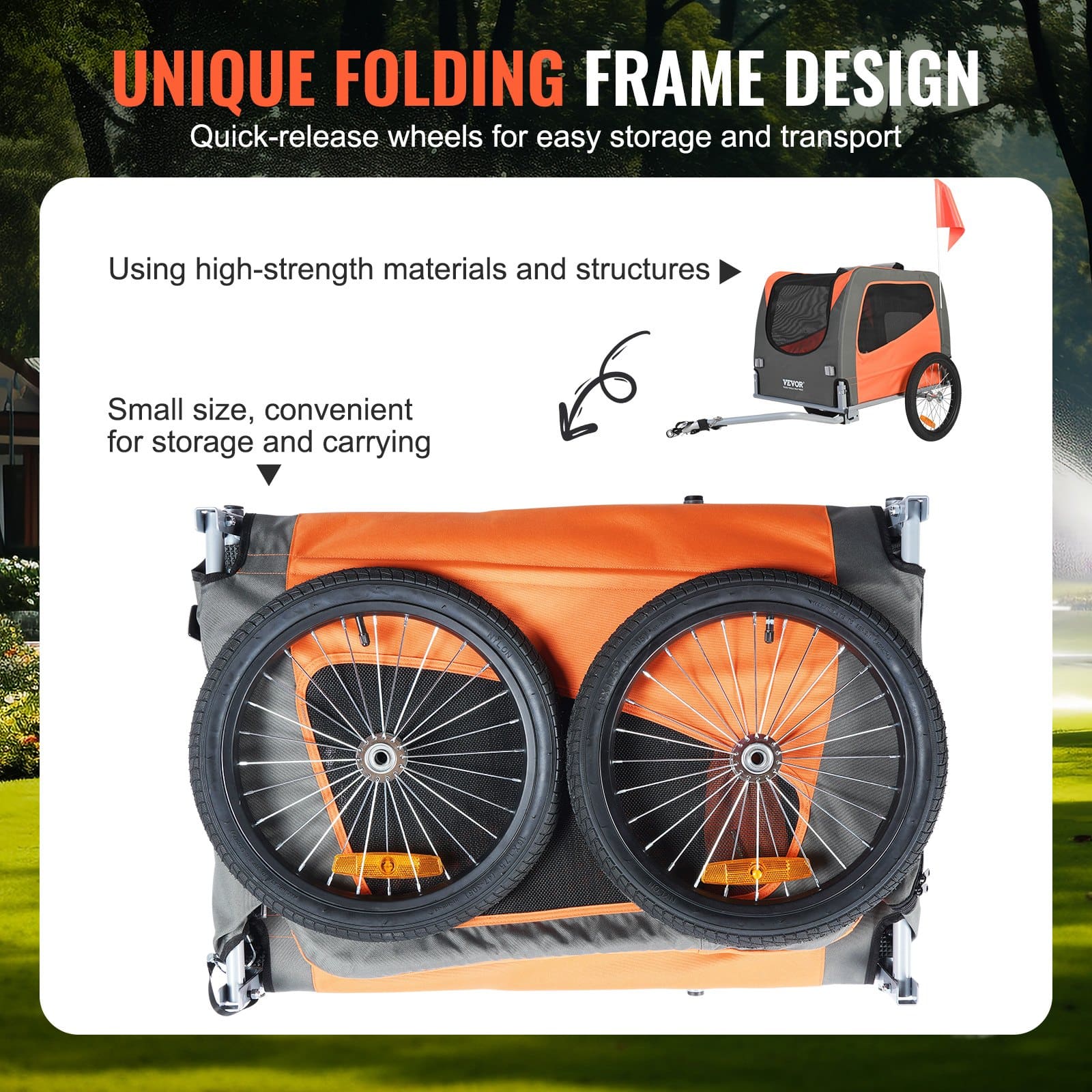 VEVOR Dog Bike Trailer 30kg Load, Foldable Pet Bicycle Carrier with Reflectors, Flag, Quick Release Wheels, Orange/Gray — attēls 6